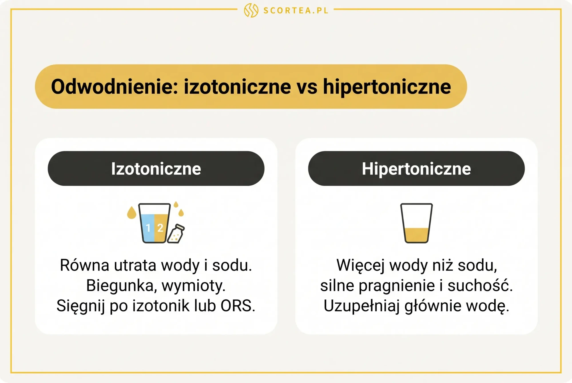 Infografika Scortea: odwodnienie izotoniczne kontra hipertoniczne, różnice w utracie wody i sodu oraz zalecane nawadnianie