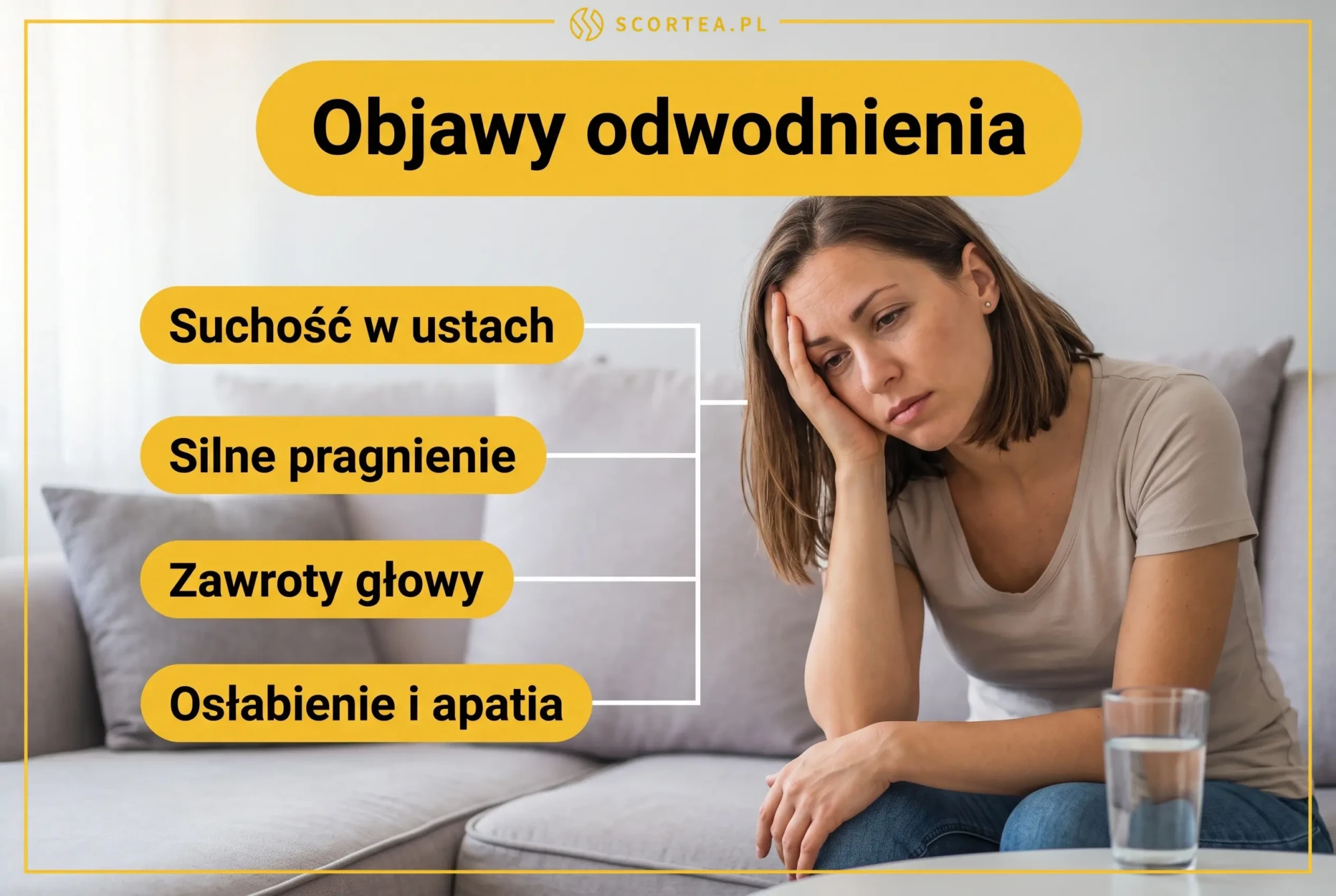 Zmęczona kobieta na kanapie oraz objawy odwodnienia: suchość w ustach, silne pragnienie, zawroty głowy i osłabienie