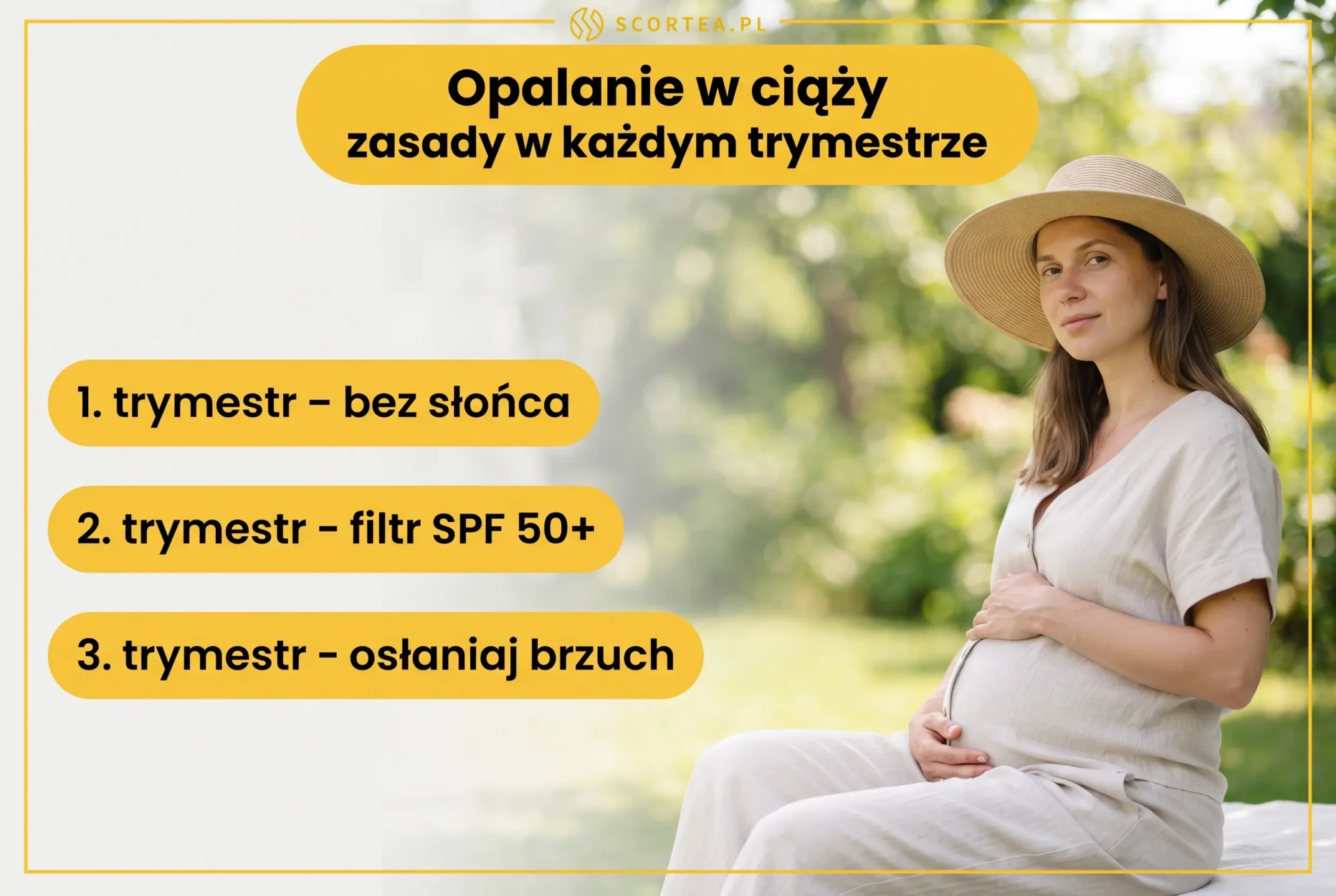 Infografika Scortea: zasady opalania w ciąży w każdym trymestrze – bez słońca w pierwszym, filtr SPF 50+ w drugim, osłanianie brzucha w trzecim
