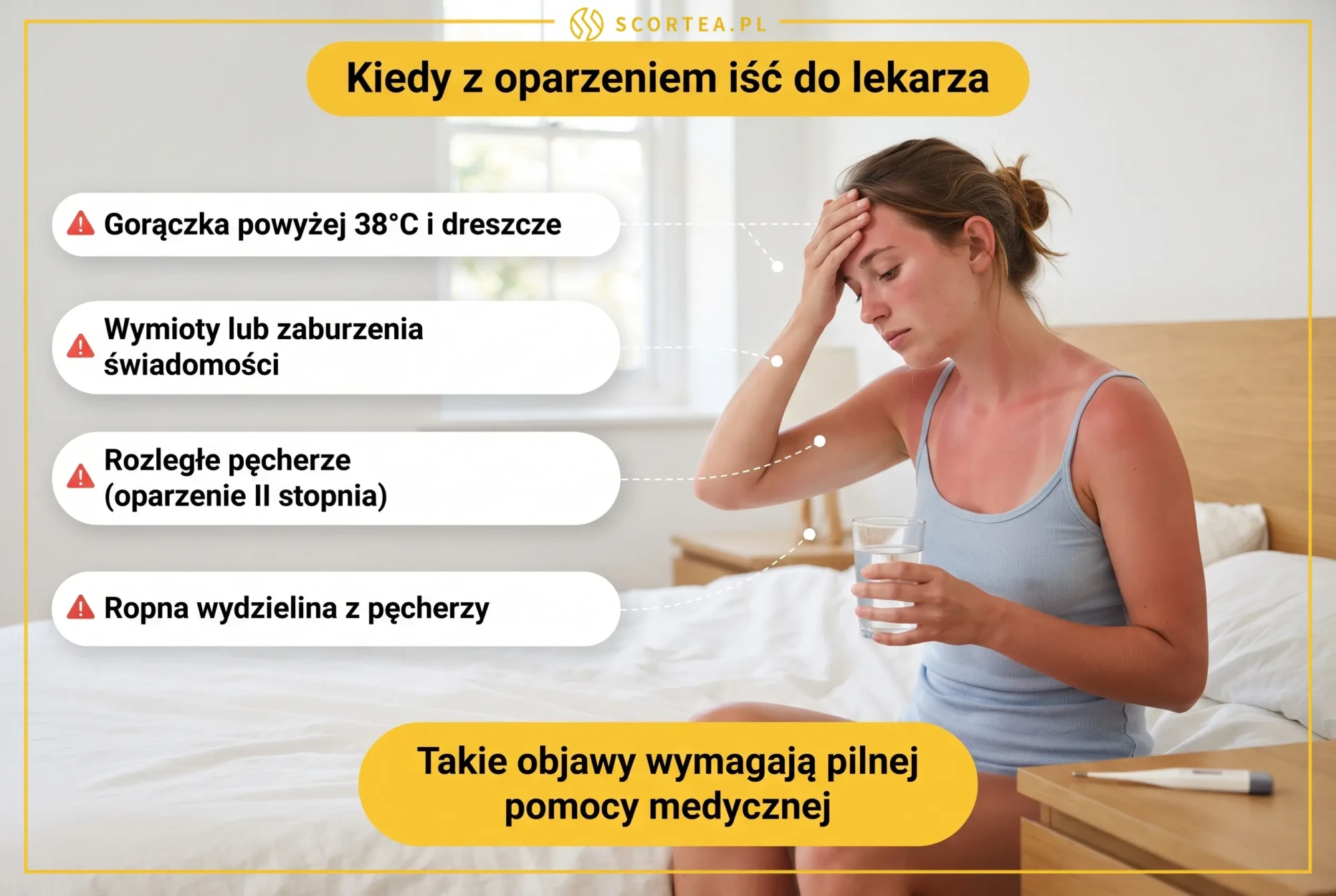 Infografika: objawy oparzenia słonecznego wymagające wizyty u lekarza, gorączka, pęcherze i wymioty