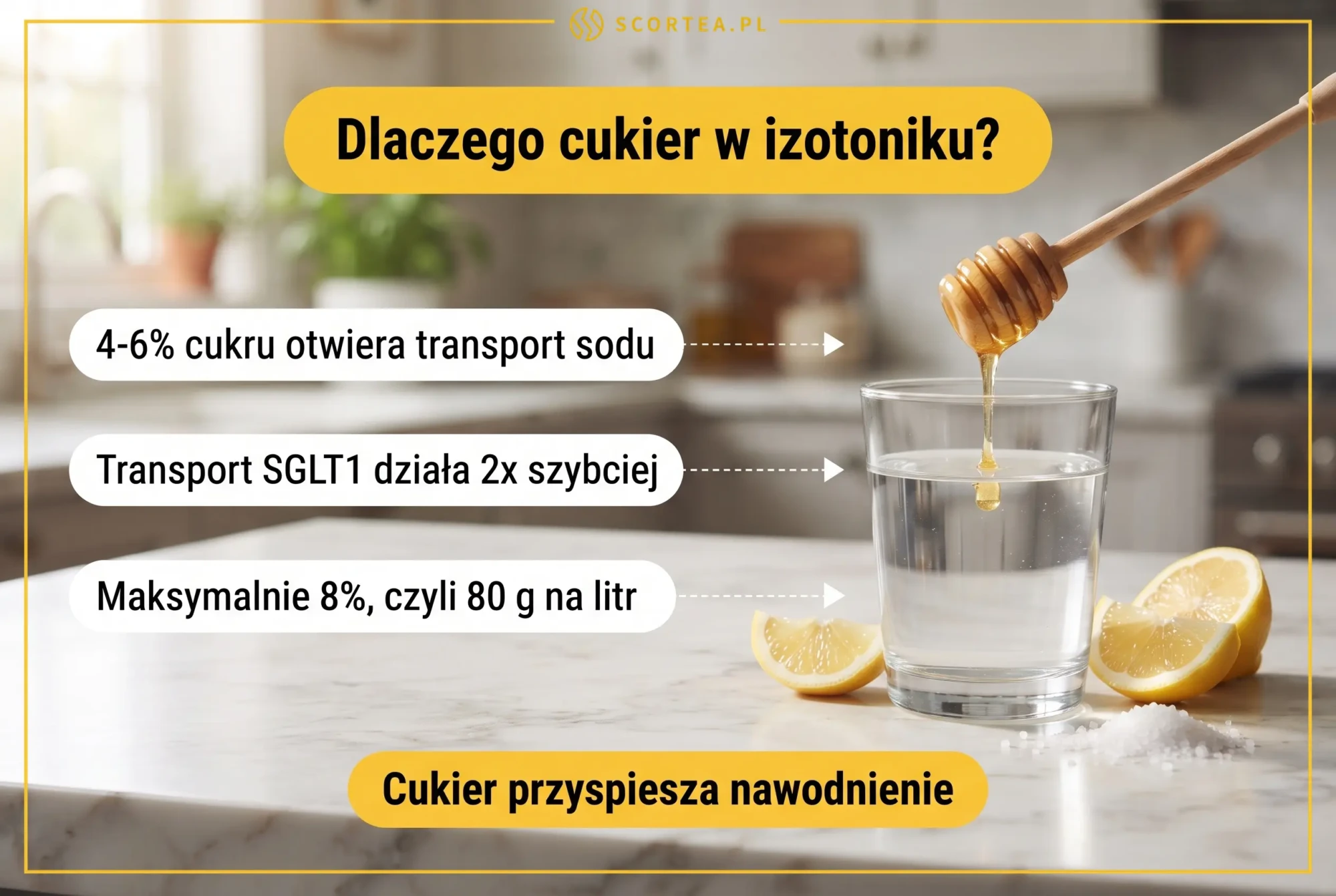 Infografika wyjaśniająca dlaczego cukier jest niezbędny w domowym izotoniku - aktywuje transport SGLT1 i przyspiesza wchłanianie wody
