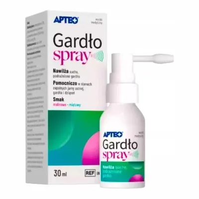 Gardło Spray Apteo Nawilża Suche Podrażnione Gardło Smak Malina Mięta 30ml