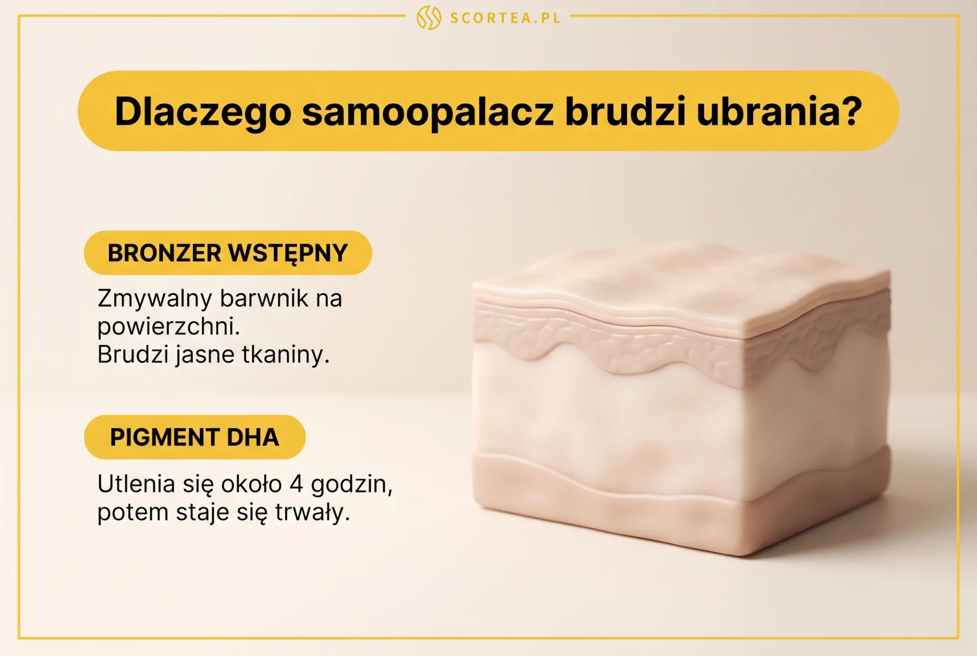 Infografika wyjaśniająca, dlaczego samoopalacz brudzi ubrania: bronzer wstępny i pigment DHA