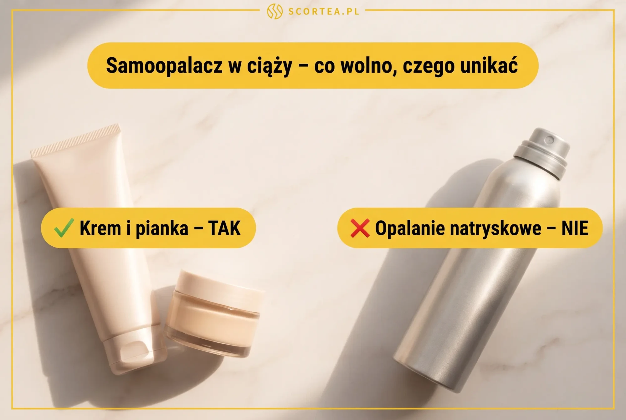 Infografika Scortea: samoopalacz w ciąży – krem i pianka są bezpieczne, opalanie natryskowe jest odradzane