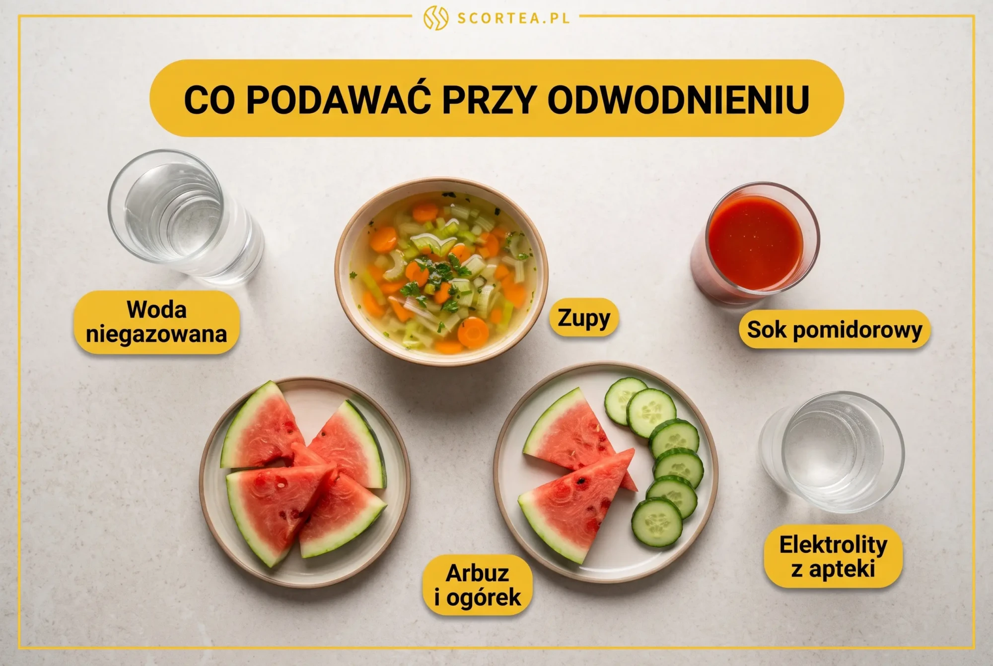 Infografika: co podawać seniorowi przy odwodnieniu - woda niegazowana, zupy, sok pomidorowy, arbuz i ogórek, elektrolity z apteki