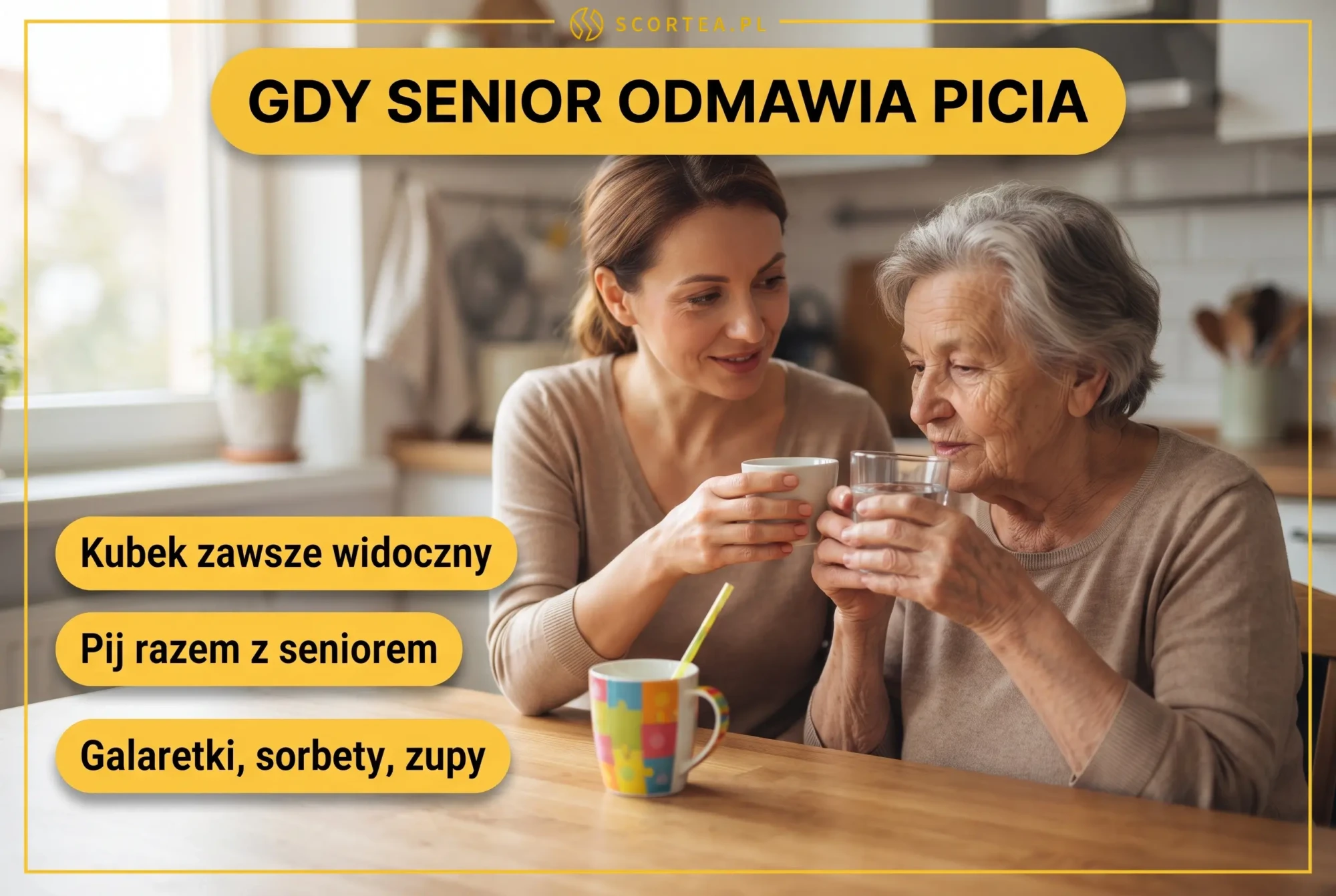 Infografika: co robić gdy senior odmawia picia - kubek zawsze widoczny, pij razem z seniorem, galaretki, sorbety i zupy