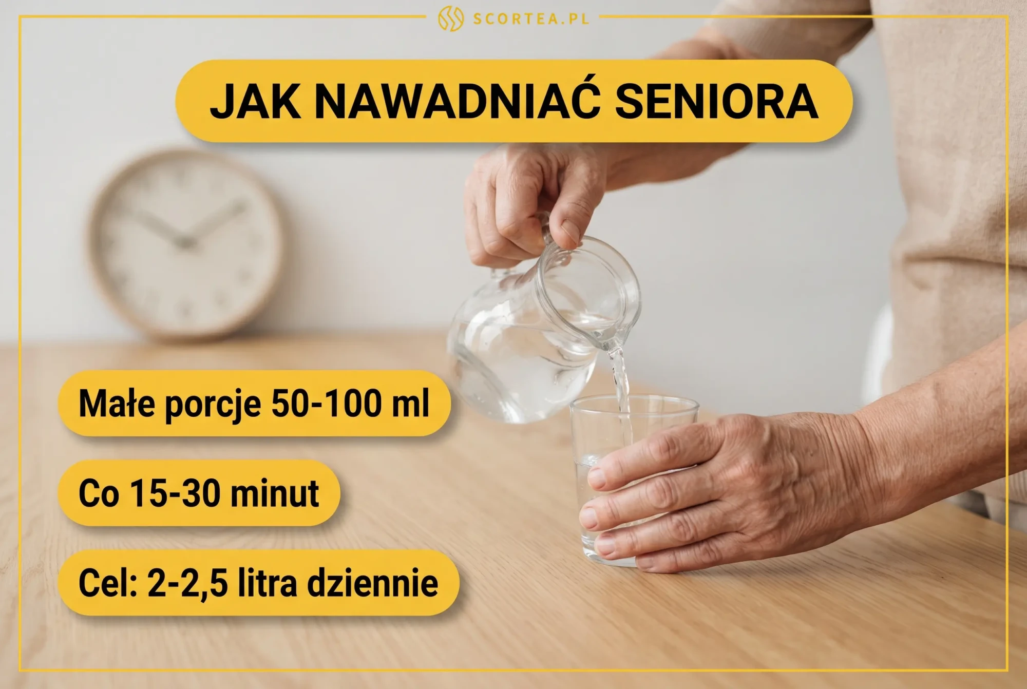 Infografika: jak nawadniać seniora - małe porcje 50-100 ml co 15-30 minut, cel 2-2,5 litra dziennie