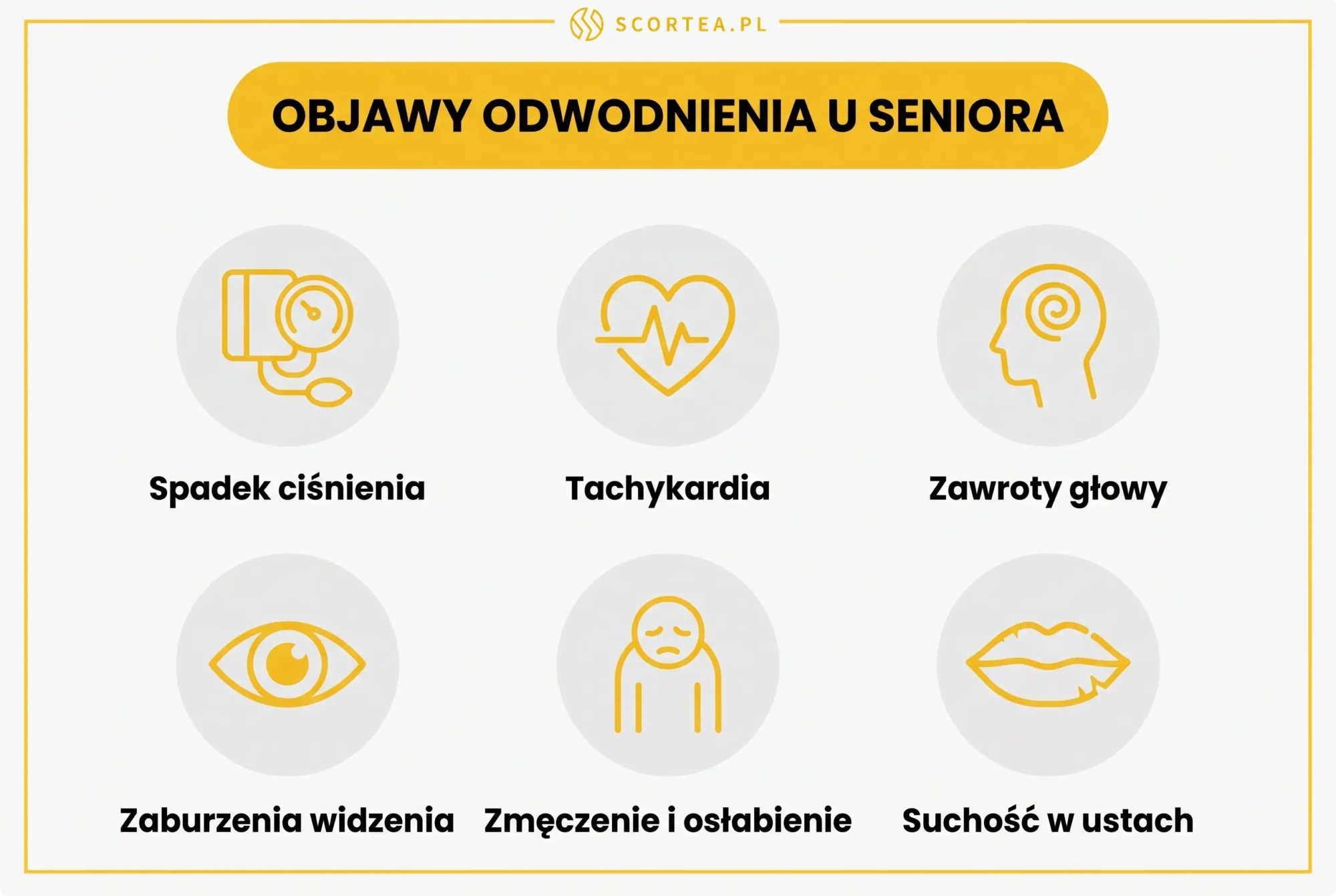 Infografika: objawy odwodnienia u seniora - spadek ciśnienia, tachykardia, zawroty głowy, zaburzenia widzenia, zmęczenie i osłabienie, suchość w ustach