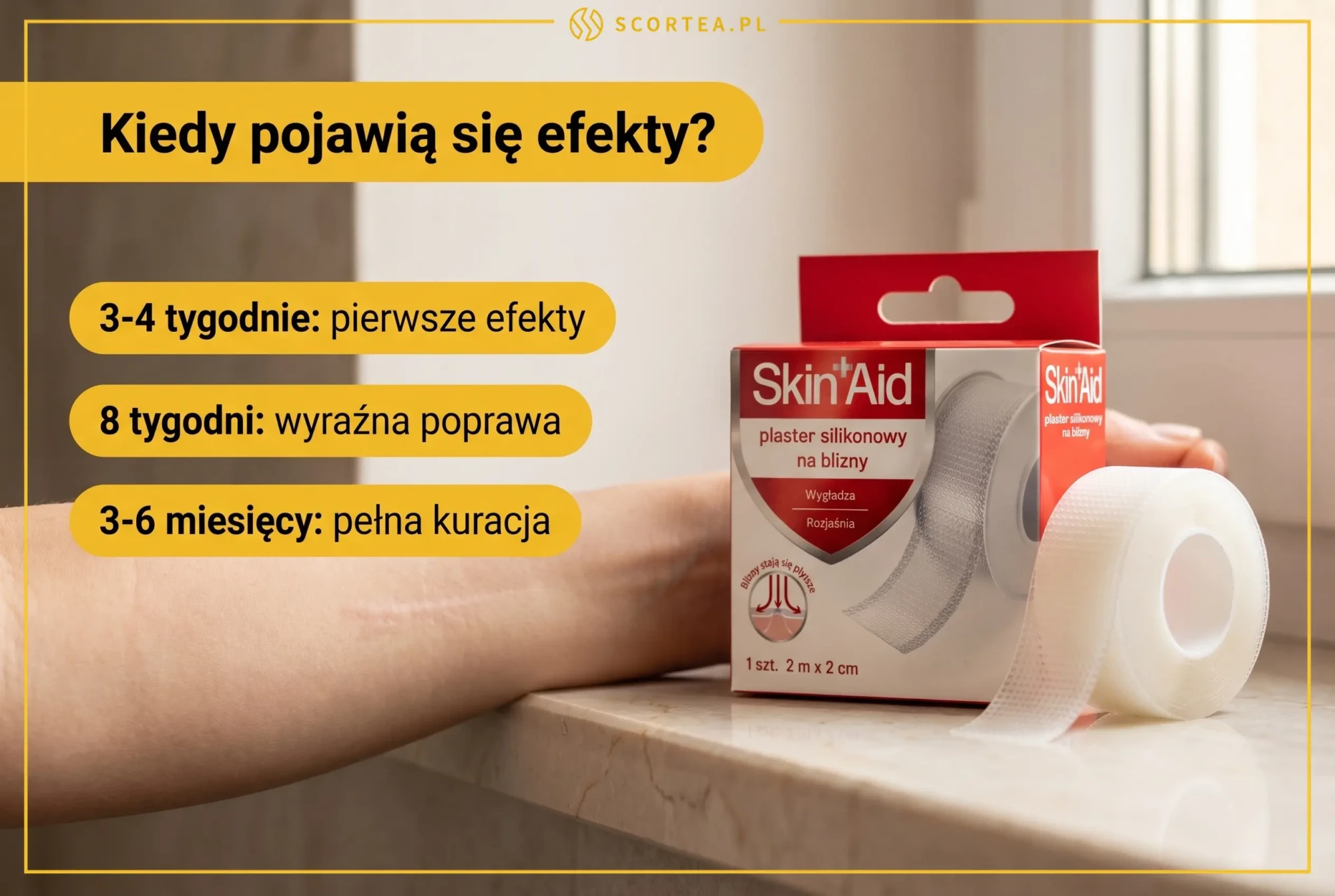 Infografika przedstawiająca oś czasu efektów plastrów Skin Aid: pierwsze efekty po 3-4 tygodniach, wyraźna poprawa po 8 tygodniach i pełna kuracja po 3-6 miesiącach