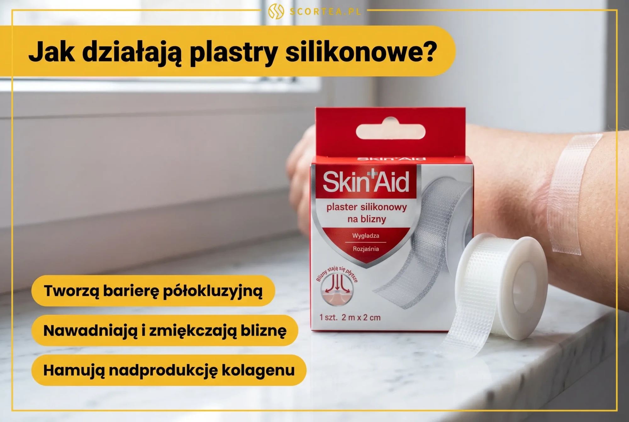 Infografika Scortea wyjaśniająca jak działają plastry silikonowe Skin Aid: tworzą barierę półokluzyjną, nawadniają i zmiękczają bliznę oraz hamują nadprodukcję kolagenu