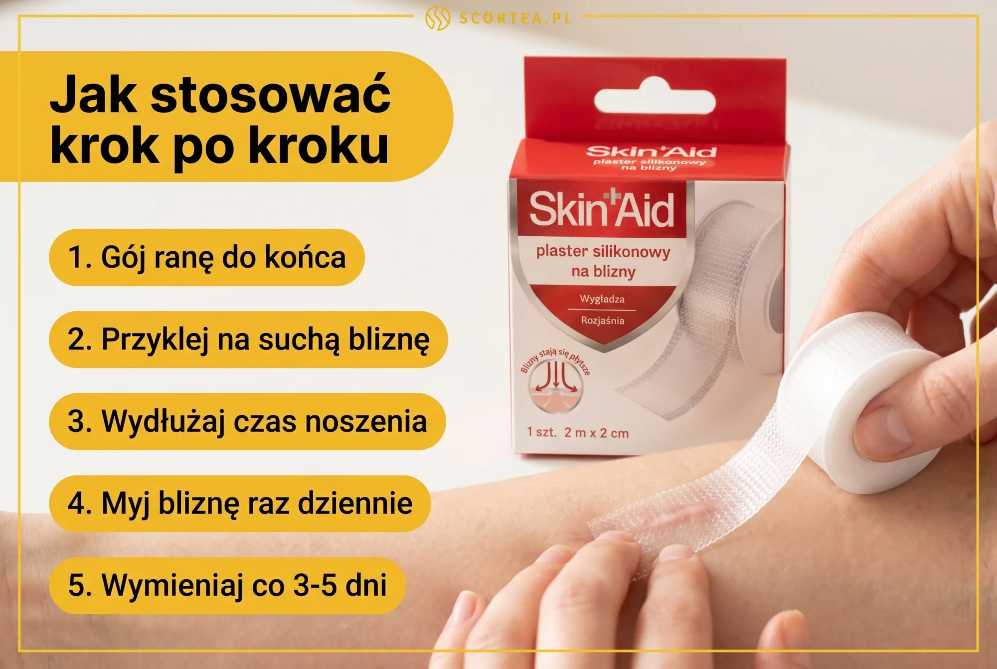 Infografika z instrukcją stosowania plastra silikonowego Skin Aid krok po kroku: zagojenie rany, przyklejenie na suchą bliznę, wydłużanie czasu noszenia, mycie blizny i wymiana co 3-5 dni