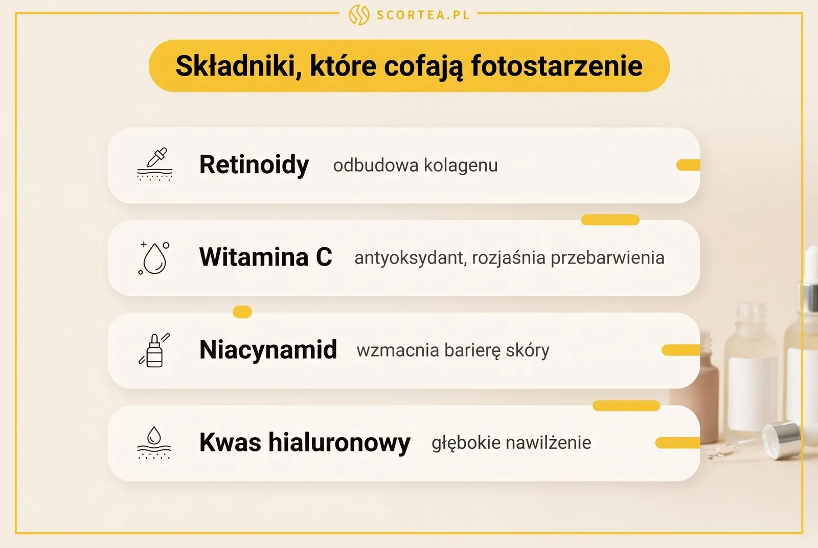 Infografika ze składnikami aktywnymi cofającymi fotostarzenie skóry: retinoidy, witamina C, niacynamid i kwas hialuronowy.
