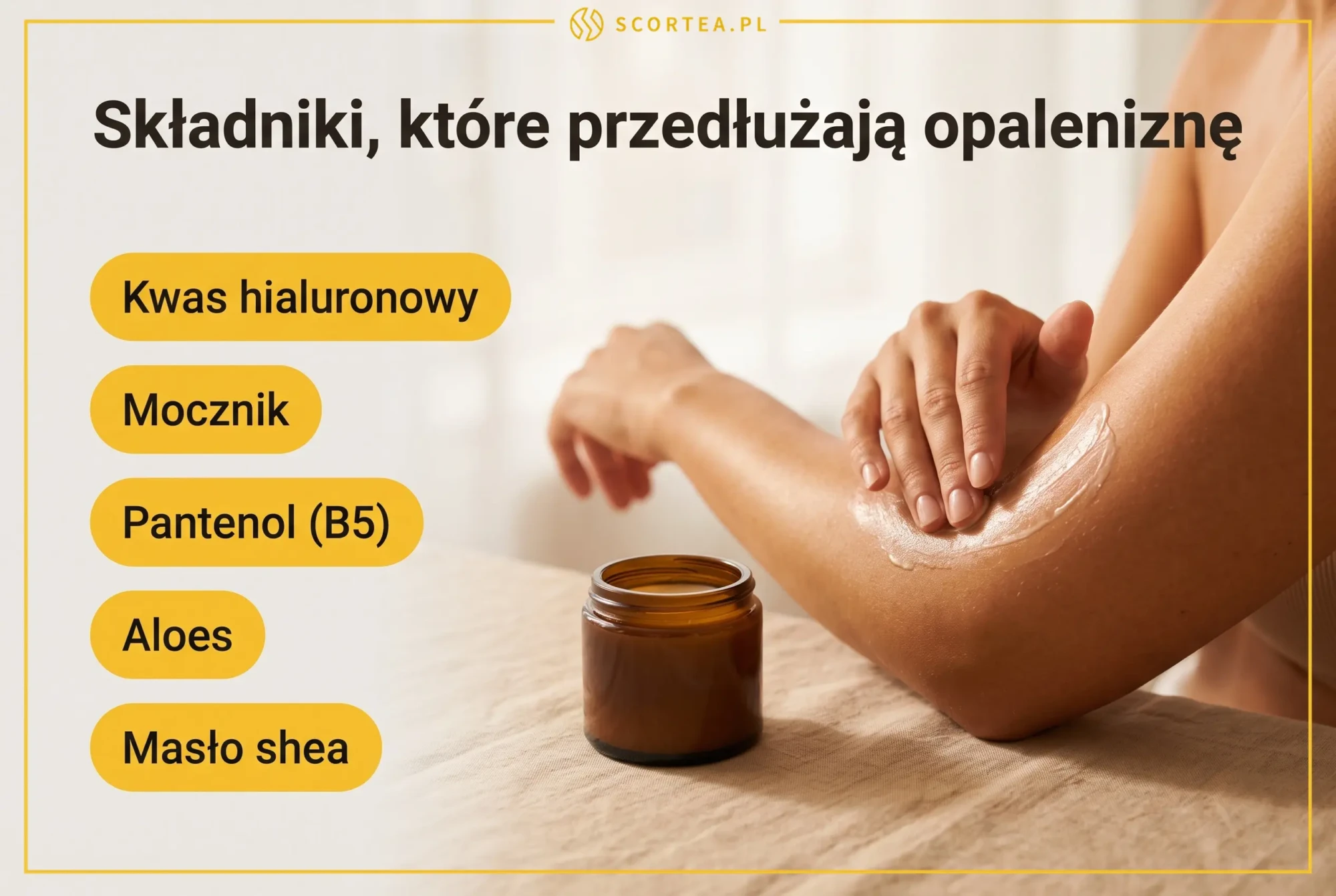 Składniki przedłużające opaleniznę: kwas hialuronowy, mocznik, pantenol, aloes i masło shea