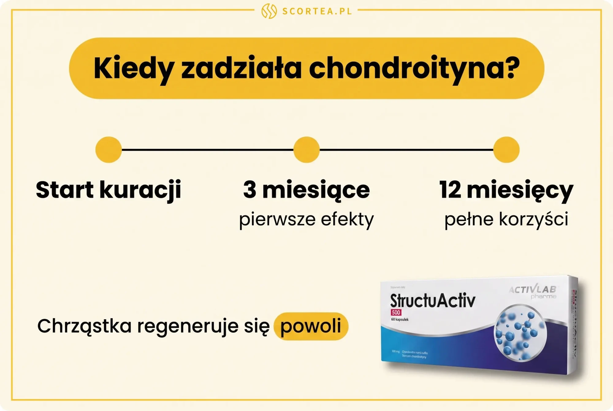 Oś czasu efektów chondroityny StructuActiv 500: pierwsze efekty po 3 miesiącach, pełne korzyści po 12 miesiącach