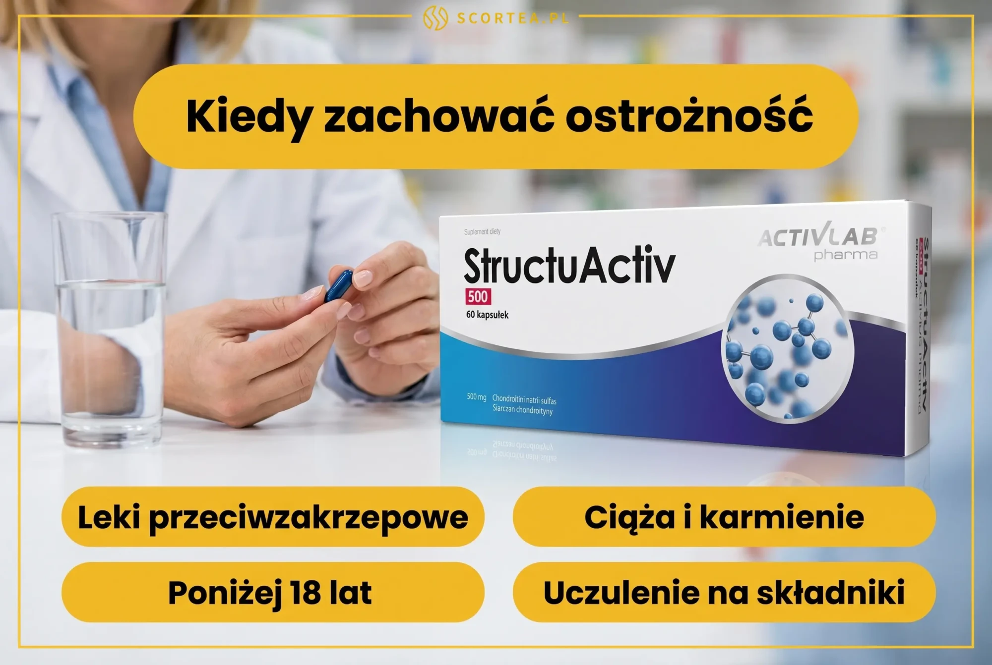 Farmaceutka z niebieską kapsułką StructuActiv 500 – kiedy zachować ostrożność: leki przeciwzakrzepowe, ciąża i karmienie, wiek poniżej 18 lat, uczulenie na składniki