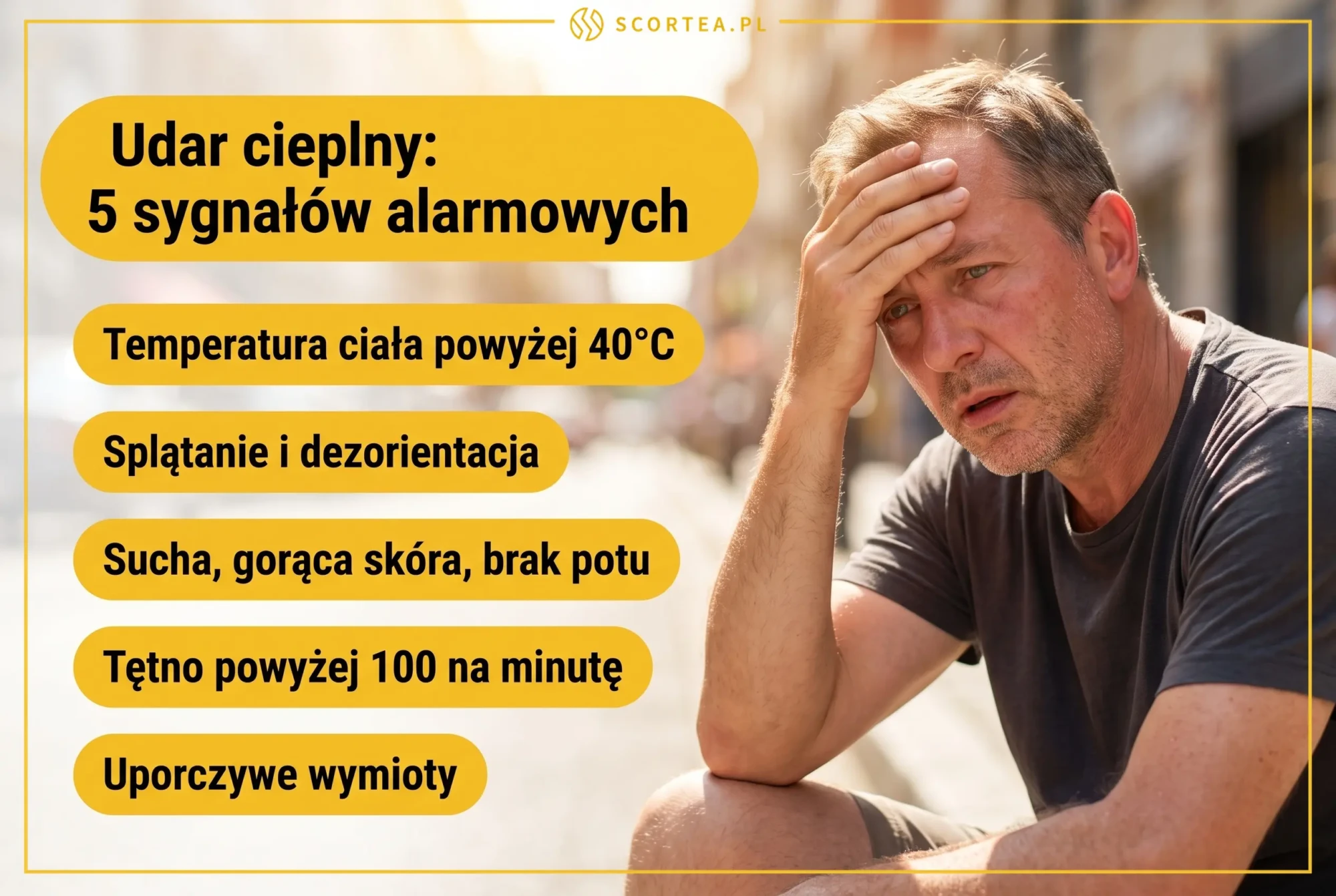 Infografika: pięć sygnałów alarmowych udaru cieplnego - temperatura powyżej 40 stopni, splątanie, sucha skóra, tętno powyżej 100, wymioty