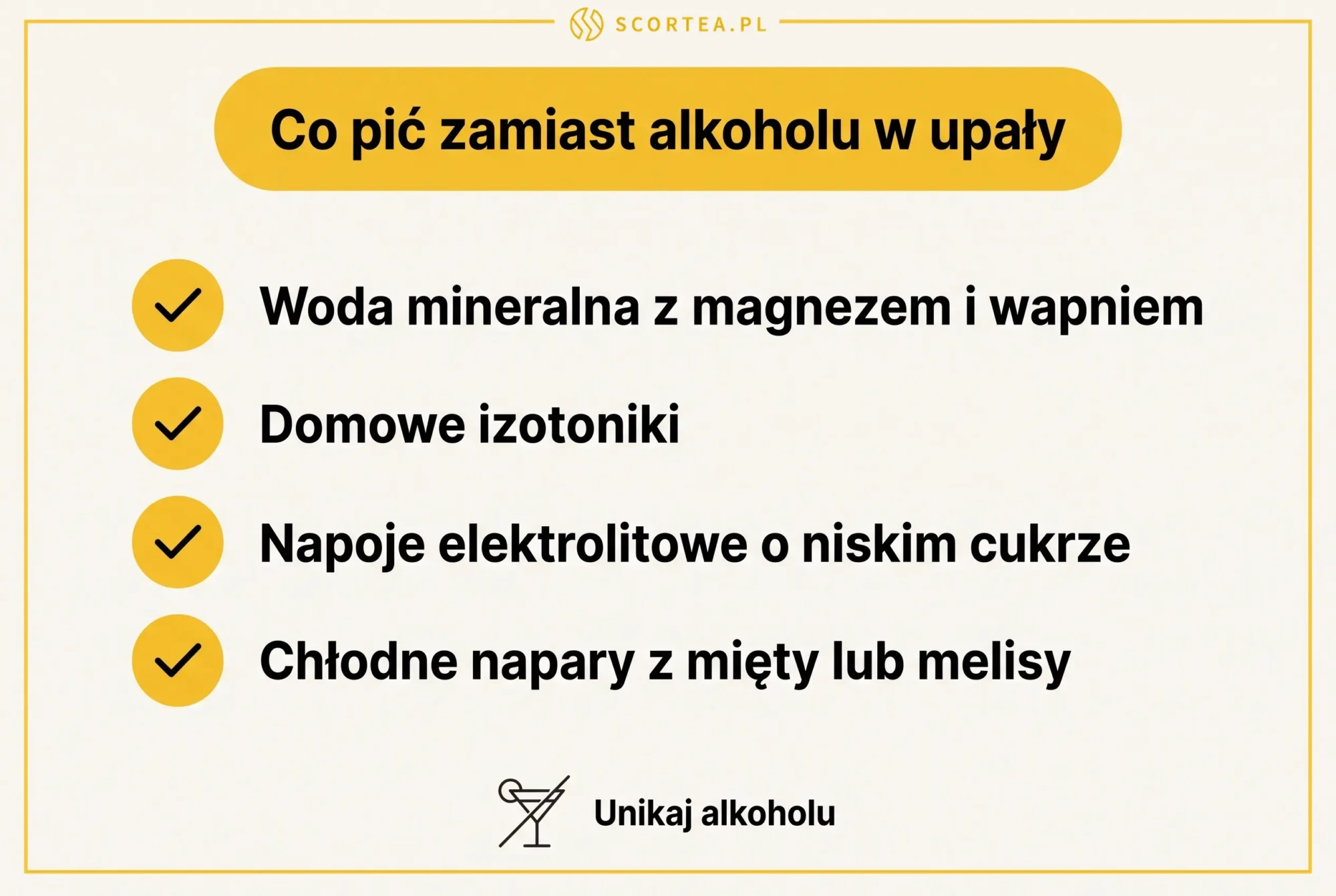 Infografika: co pić zamiast alkoholu w upały - woda mineralna z magnezem, domowe izotoniki, napoje elektrolitowe, napary z mięty