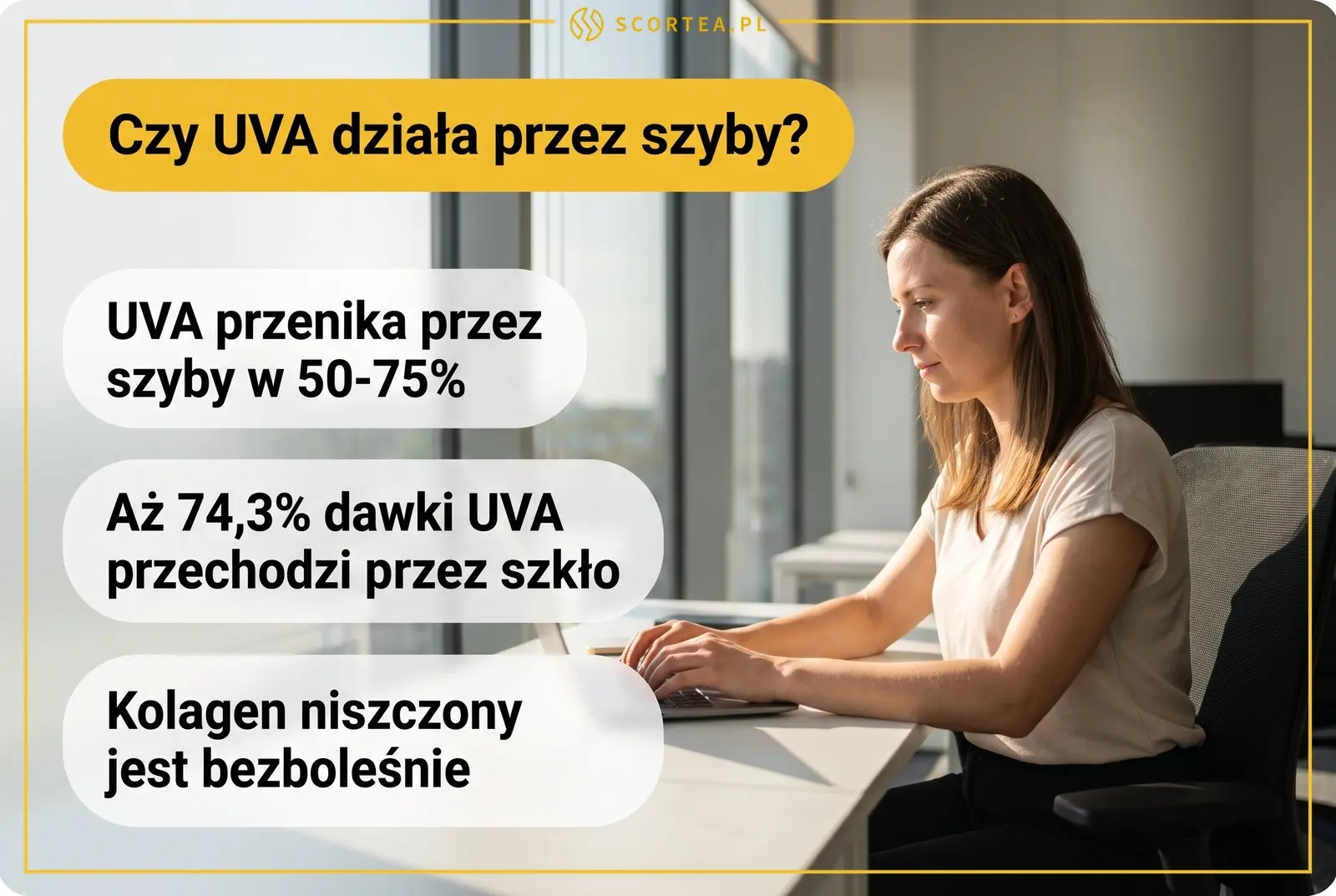 Kobieta pracująca przy oknie w biurze — infografika o tym, że promieniowanie UVA przenika przez szyby i bezboleśnie niszczy kolagen.