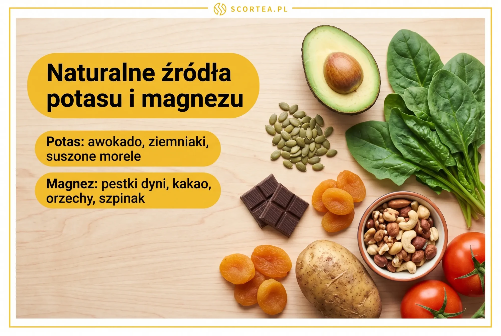 Infografika Scortea: naturalne źródła potasu i magnezu, awokado, szpinak, pestki dyni, kakao, suszone morele, ziemniaki i orzechy na desce