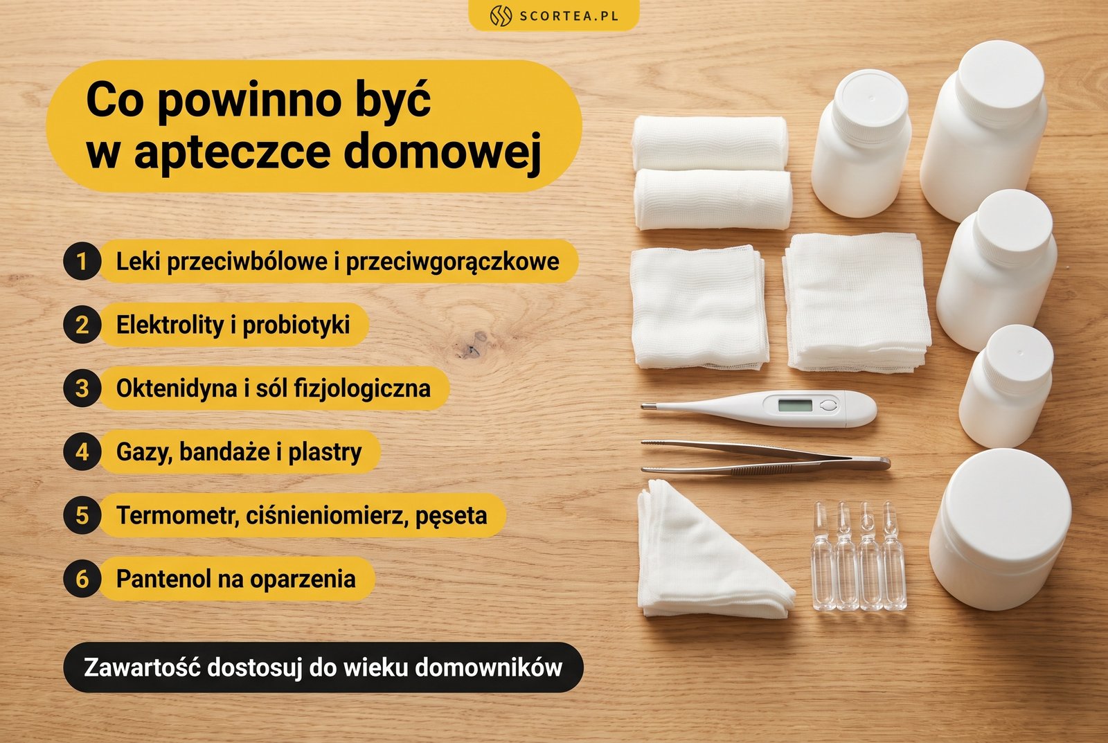 Infografika: 6 kategorii wyposażenia apteczki domowej, od leków przeciwbólowych i elektrolitów po pantenol na oparzenia