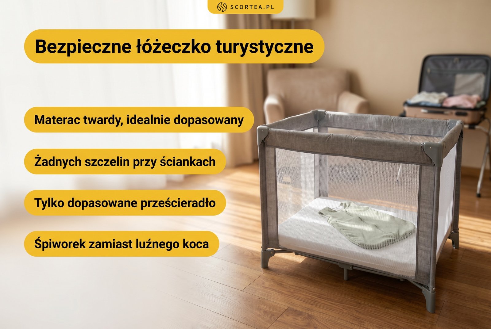 Infografika: bezpieczne łóżeczko turystyczne – twardy idealnie dopasowany materac, brak szczelin przy ściankach, tylko dopasowane prześcieradło, śpiworek zamiast luźnego koca