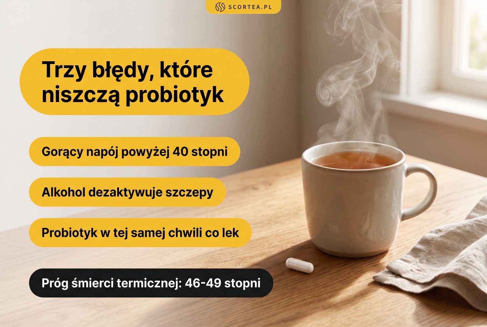 Infografika: trzy błędy niszczące probiotyk - gorący napój powyżej 40 stopni, alkohol i lek przyjęty w tej samej chwili