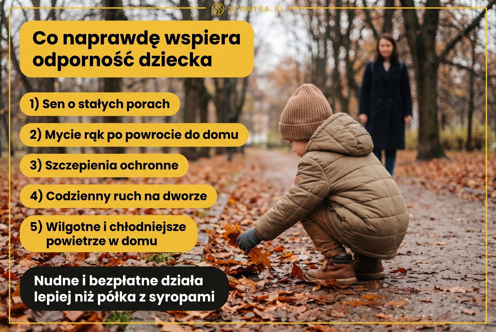 Infografika: co wspiera odporność dziecka - sen o stałych porach, mycie rąk, szczepienia ochronne, codzienny ruch na dworze i wilgotne powietrze w domu