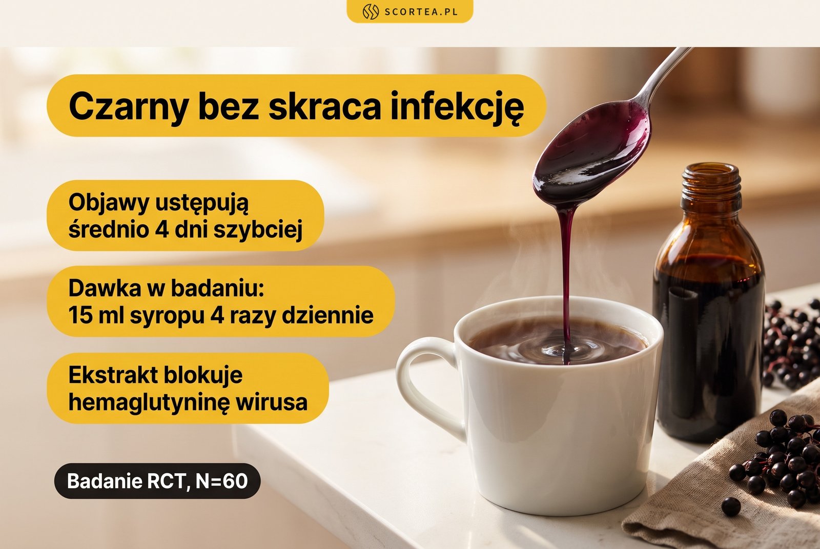 Syrop z czarnego bzu spływający z łyżki do kubka naparu, infografika o skróceniu infekcji średnio o 4 dni