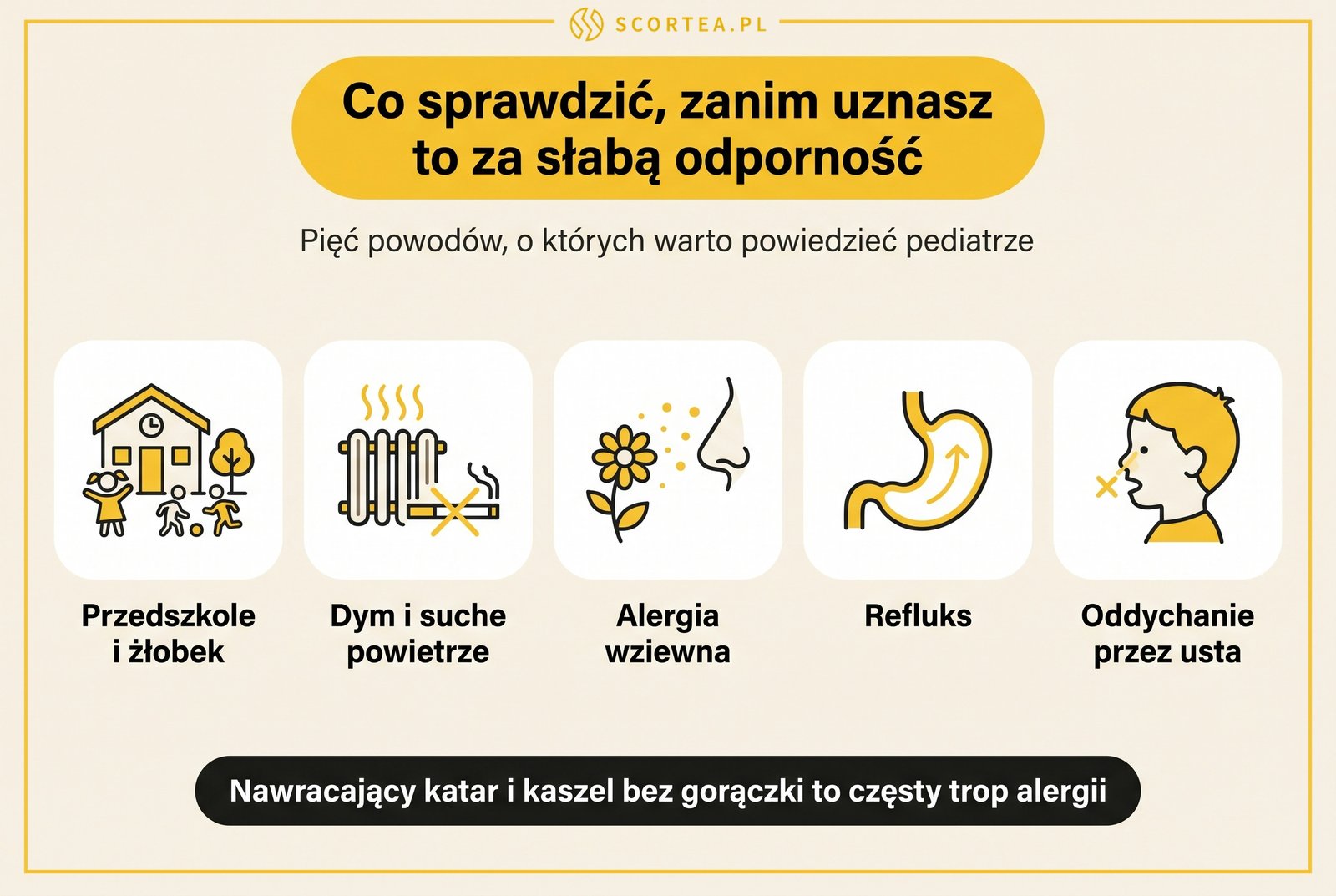 Infografika: pięć przyczyn częstych infekcji u dziecka - przedszkole i żłobek, dym i suche powietrze, alergia wziewna, refluks, oddychanie przez usta