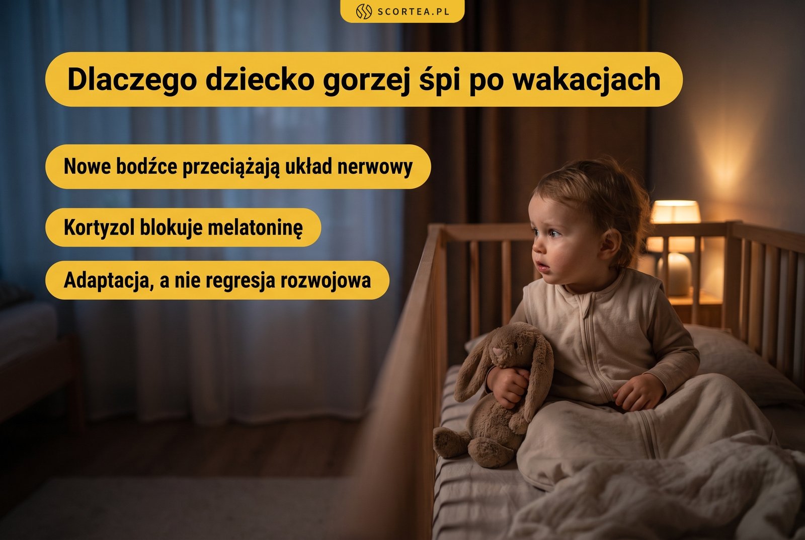 Infografika: dlaczego dziecko gorzej śpi po wakacjach – nowe bodźce przeciążają układ nerwowy, kortyzol blokuje melatoninę, to adaptacja a nie regresja rozwojowa