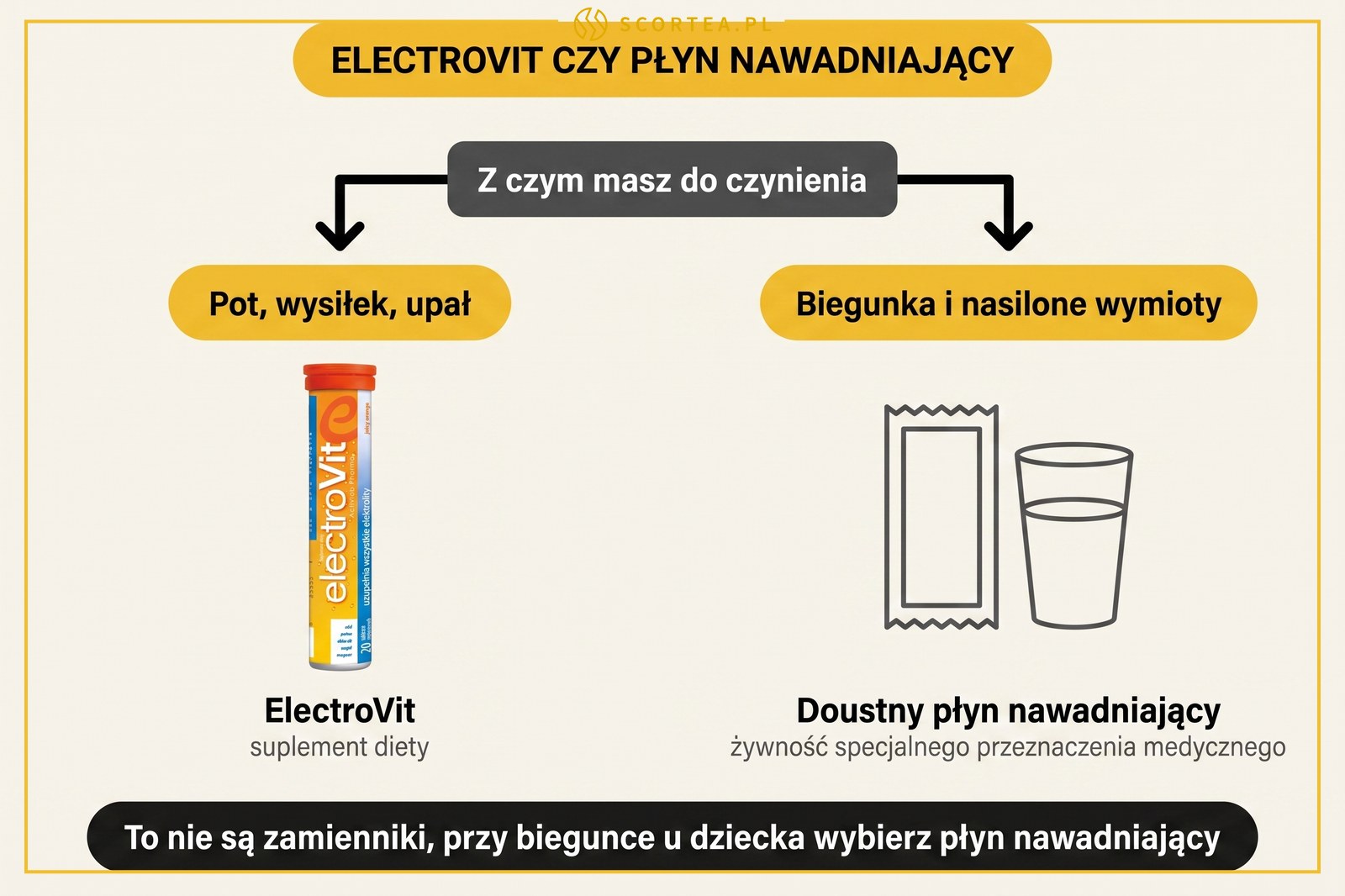 Infografika porównująca ElectroVit jako suplement diety z doustnym płynem nawadniającym stosowanym przy biegunce i wymiotach