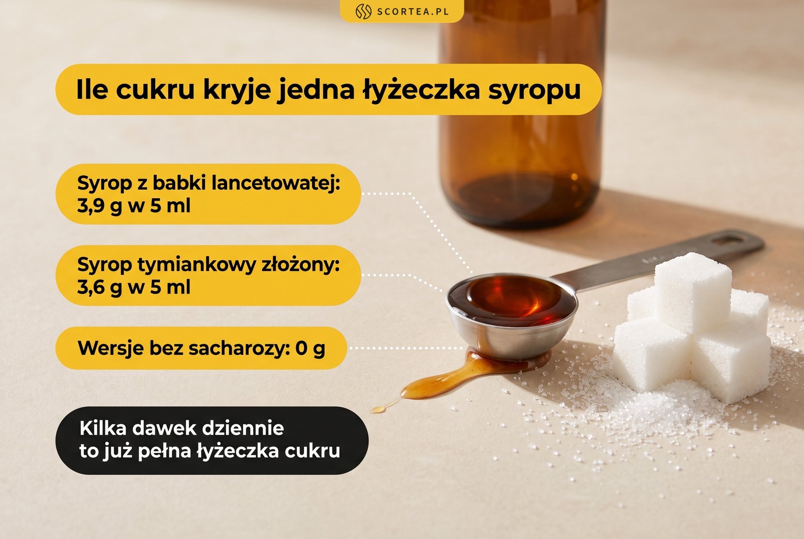 Infografika: ile cukru zawiera jedna łyżeczka syropu na odporność – 3,9 g w syropie z babki lancetowatej i 3,6 g w syropie tymiankowym