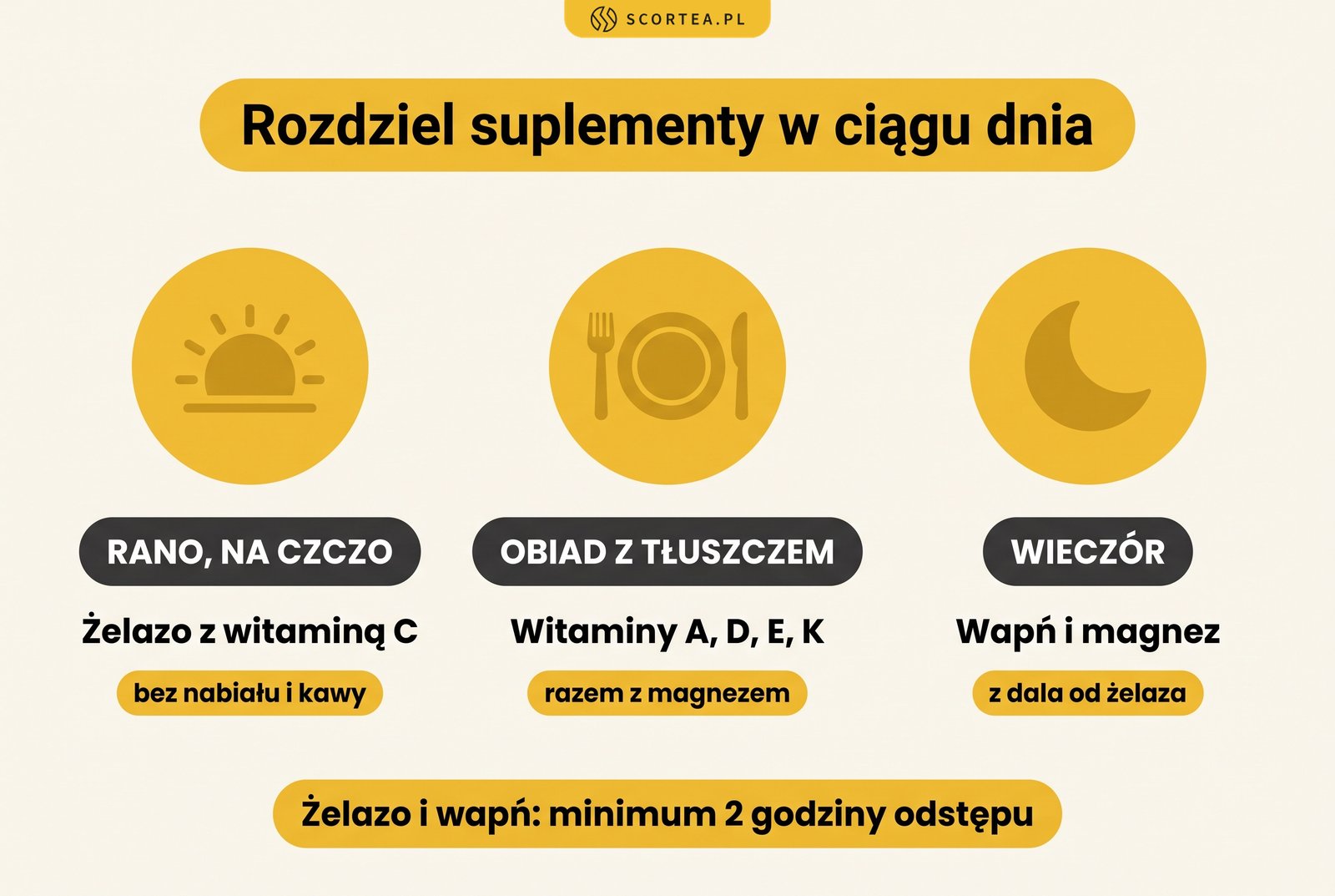 Infografika: plan dnia suplementacji - żelazo z witaminą C rano na czczo, witaminy A, D, E, K do obiadu, wapń i magnez wieczorem