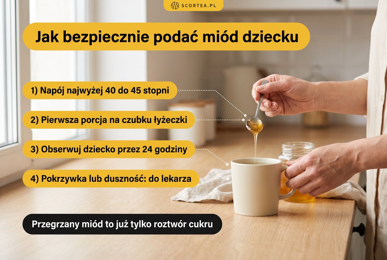 Infografika z zasadami bezpiecznego podawania miodu dziecku: temperatura napoju i obserwacja reakcji alergicznej