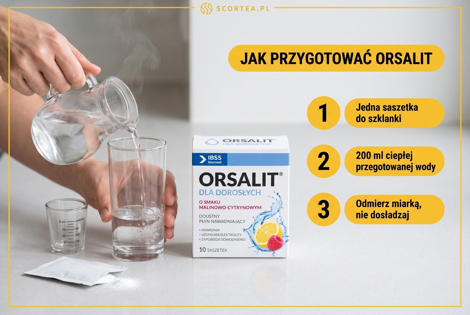 Infografika: jak przygotować Orsalit, czyli jedna saszetka na 200 ml ciepłej przegotowanej wody, odmierzonej miarką, bez dosładzania