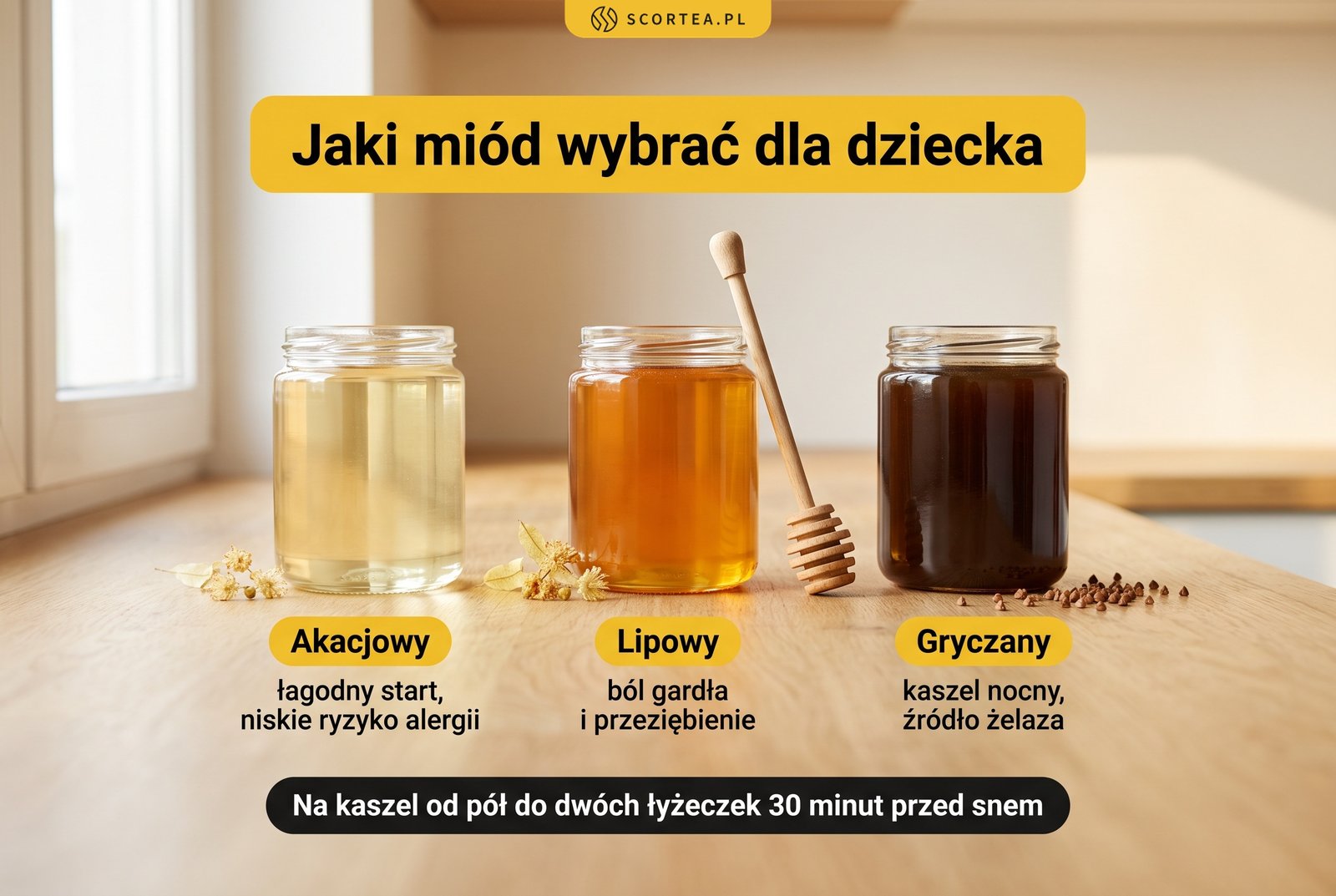 Infografika z trzema słoikami miodu akacjowego, lipowego i gryczanego oraz opisem ich zastosowania u dzieci