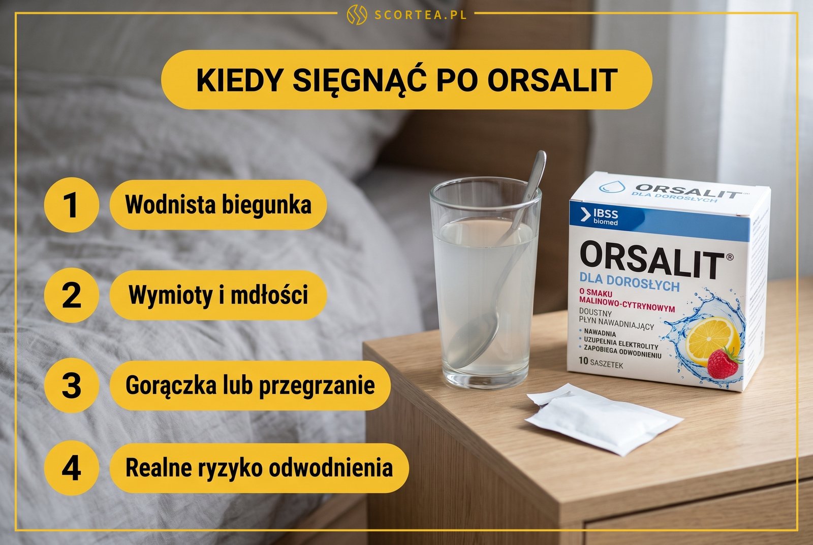 Infografika: cztery sytuacje, w których sięga się po Orsalit, czyli wodnista biegunka, wymioty, gorączka i ryzyko odwodnienia