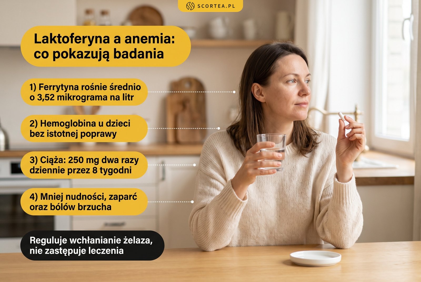 Infografika: laktoferyna a anemia - wzrost ferrytyny o 3,52 mikrograma na litr, dawka 250 mg dwa razy dziennie w ciąży, mniej skutków ubocznych