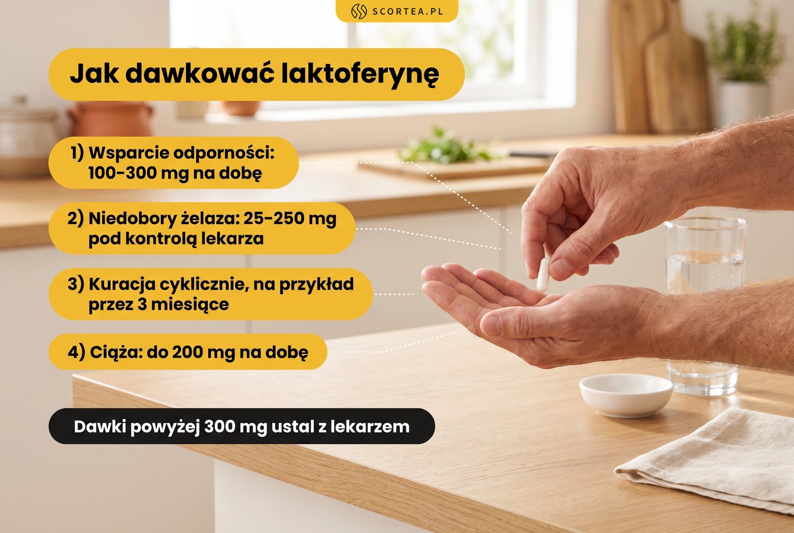 Infografika: jak dawkować laktoferynę - 100-300 mg na dobę na odporność, 25-250 mg przy niedoborach żelaza, do 200 mg na dobę w ciąży