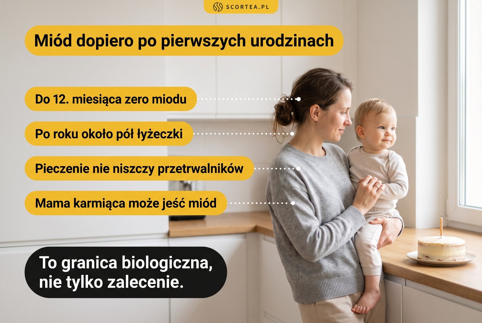 Infografika z mamą i rocznym dzieckiem oraz zasadami podawania miodu po ukończeniu 12. miesiąca życia