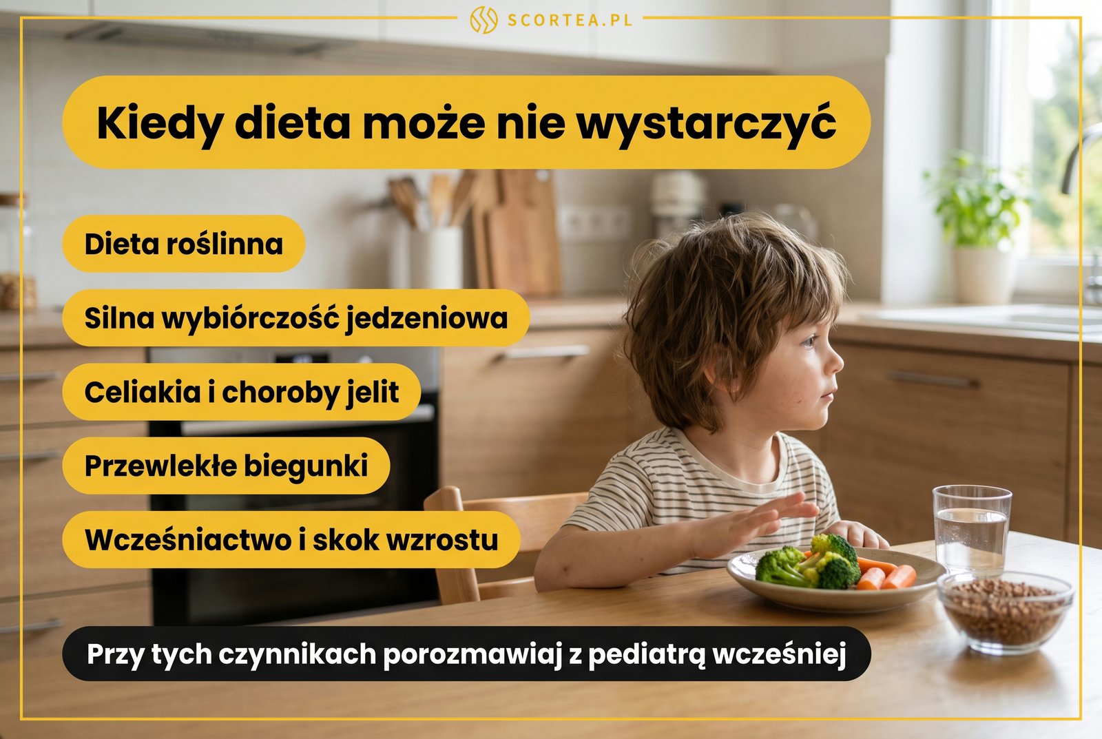 Infografika: czynniki ryzyka niedoboru cynku u dziecka, dieta roślinna, silna wybiórczość jedzeniowa, celiakia i choroby jelit, przewlekłe biegunki, wcześniactwo i skok wzrostu
