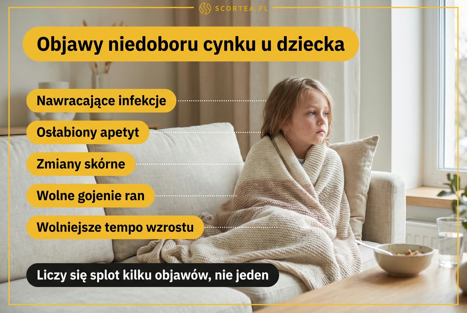 Infografika: objawy niedoboru cynku u dziecka, czyli nawracające infekcje, osłabiony apetyt, zmiany skórne, wolne gojenie ran i wolniejsze tempo wzrostu
