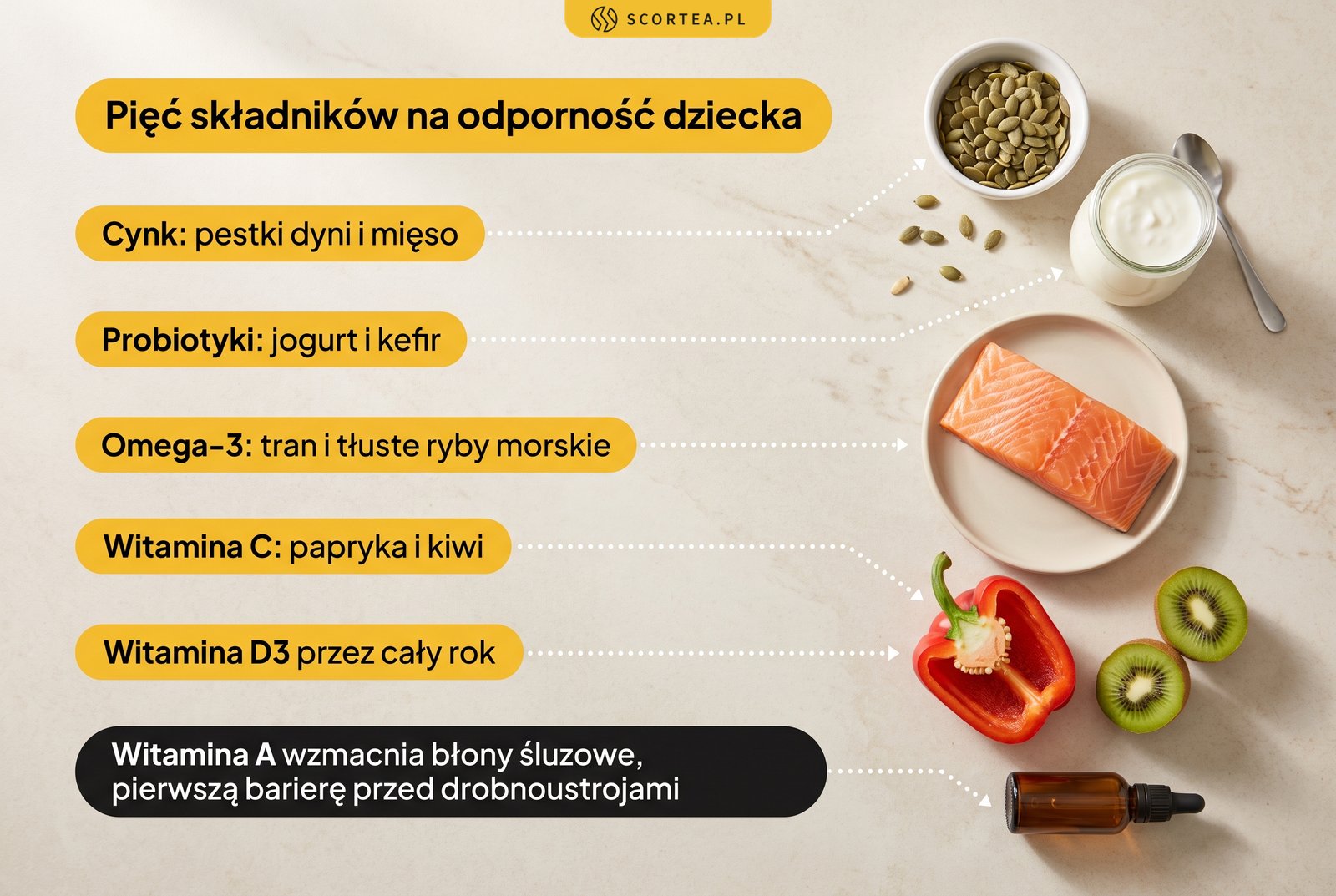Infografika: pięć składników wspierających odporność dziecka - witamina D3, cynk, probiotyki, omega-3 i witamina C z naturalnymi źródłami