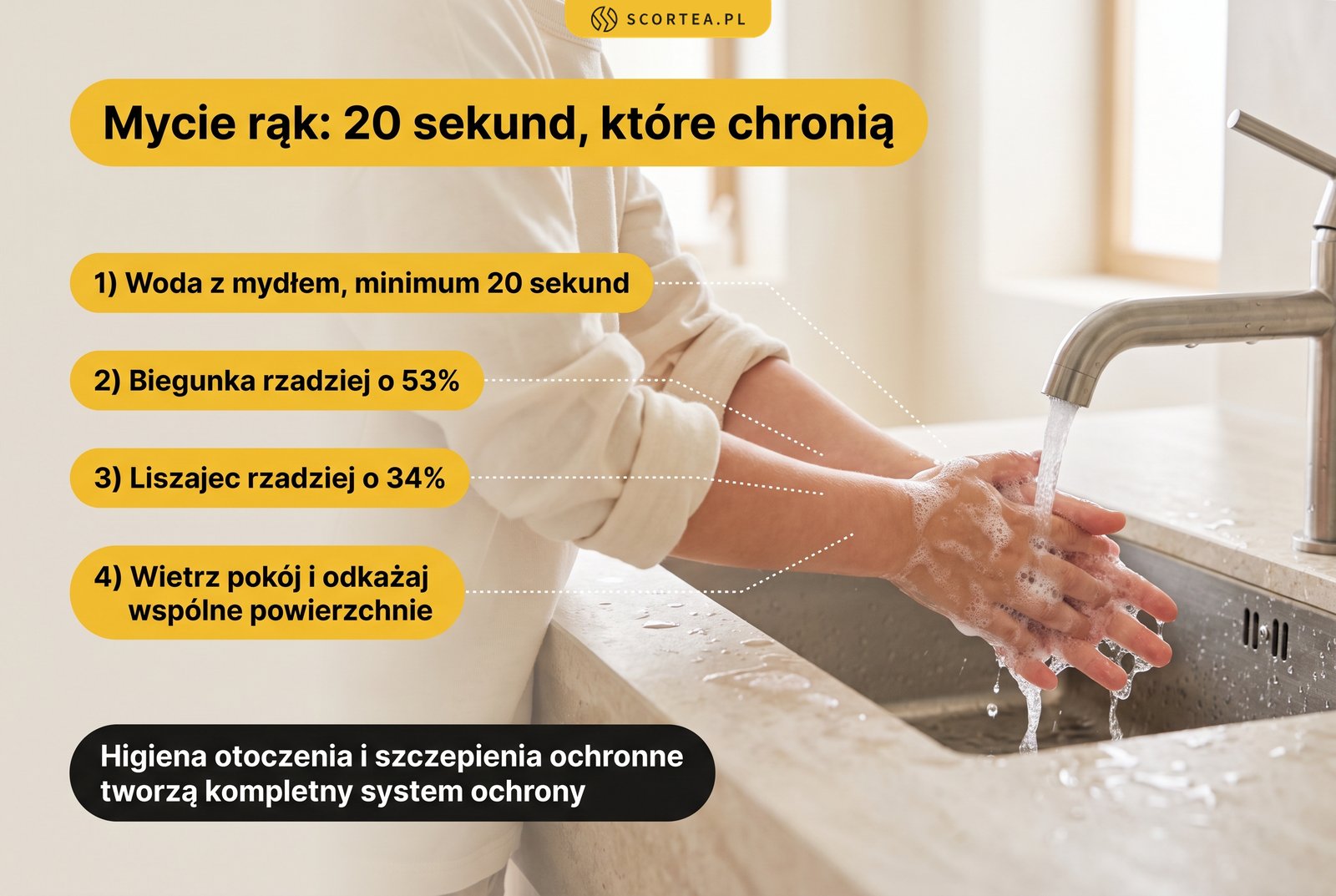 Infografika: dziecko myje ręce pod bieżącą wodą, mycie rąk przez 20 sekund ogranicza biegunkę o 53 procent