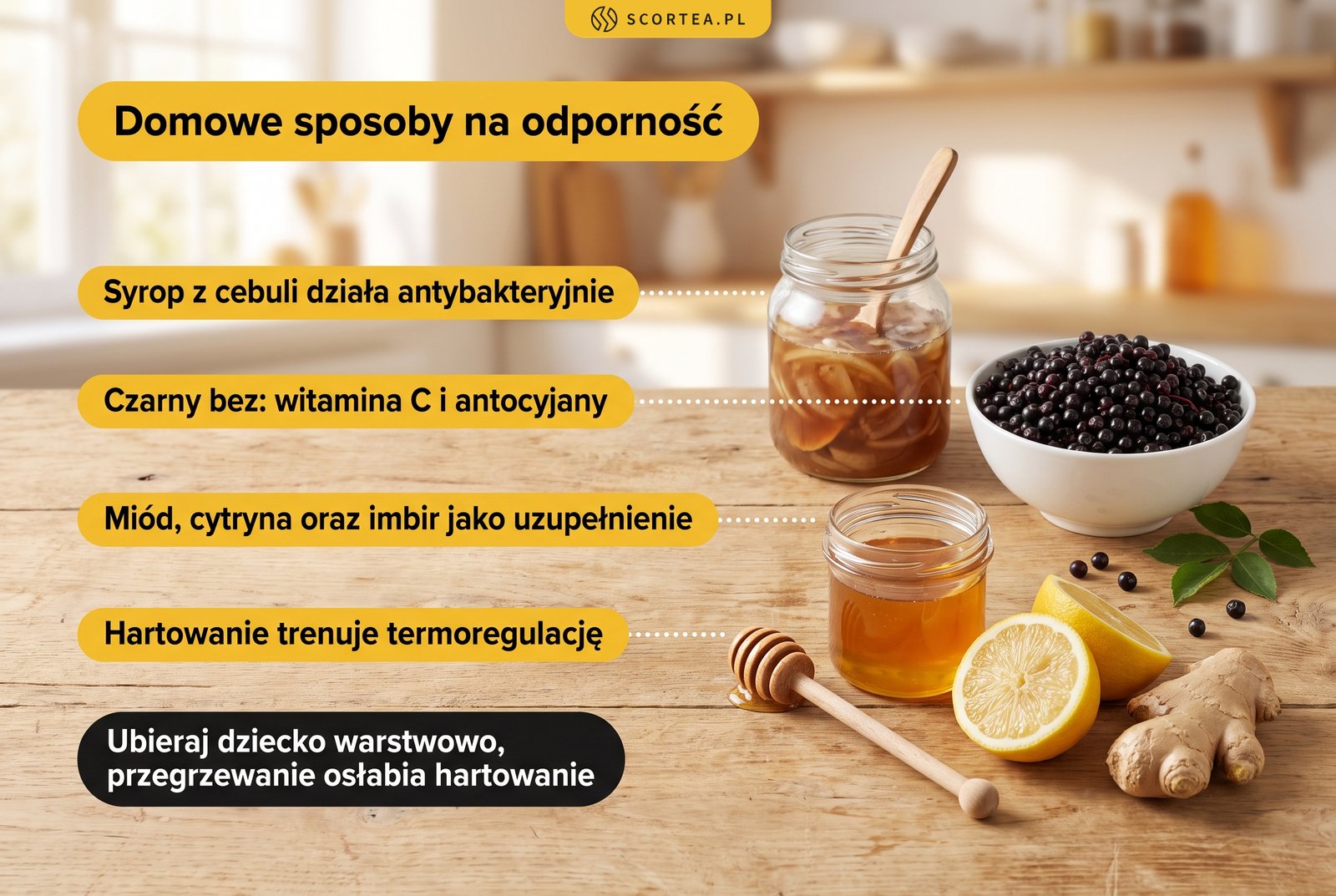 Infografika: domowe sposoby na odporność - syrop z cebuli, czarny bez, miód z cytryną i imbirem oraz hartowanie