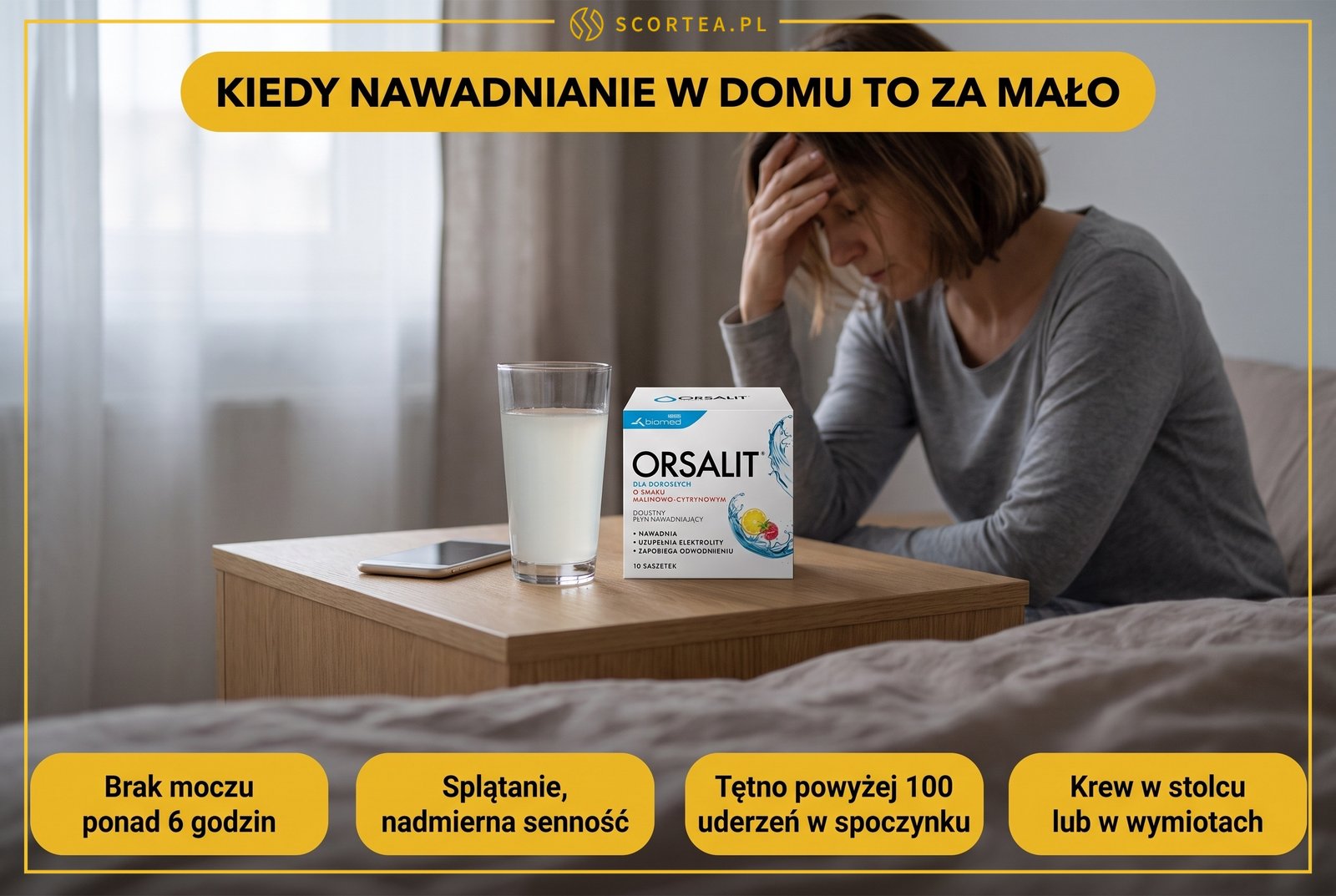 Infografika: sygnały alarmowe odwodnienia, przy których nawadnianie w domu to za mało i trzeba skontaktować się z lekarzem