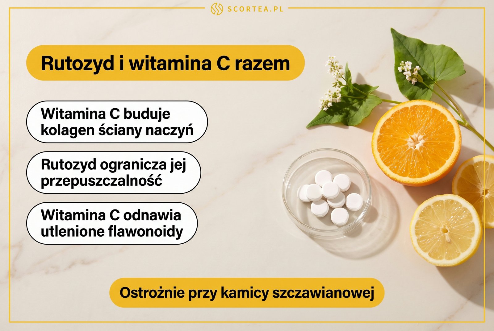 Infografika: rutozyd i witamina C, wspólne wsparcie ściany naczyń krwionośnych i działanie antyoksydacyjne