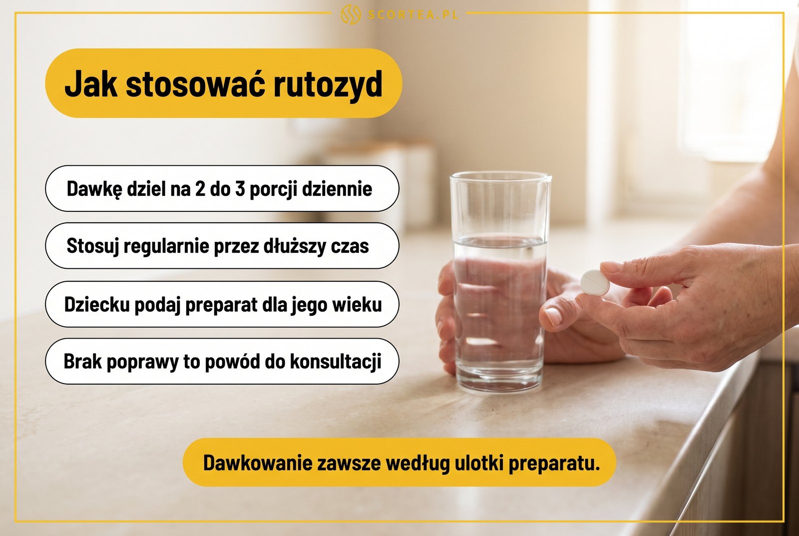 Infografika: jak stosować rutozyd, podział dawki na 2 do 3 porcji dziennie i regularność przyjmowania