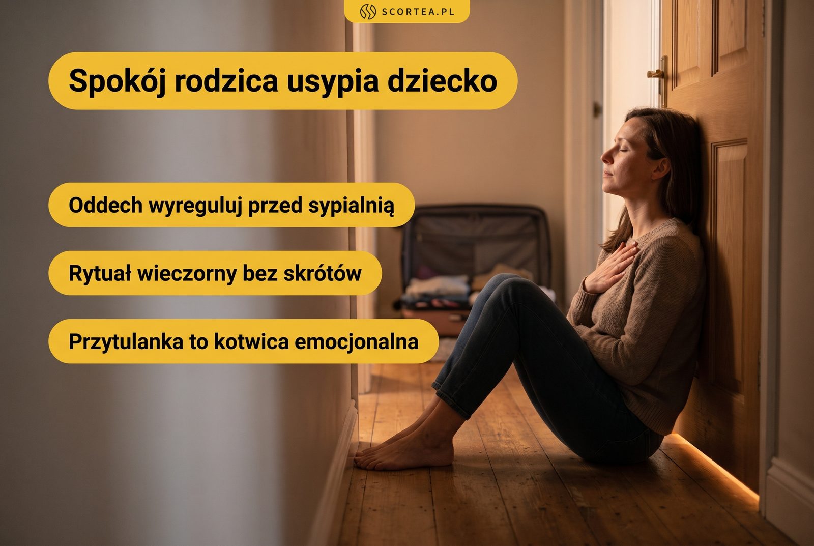 Infografika: spokój rodzica usypia dziecko – wyreguluj oddech przed sypialnią, rytuał wieczorny bez skrótów, przytulanka jako kotwica emocjonalna