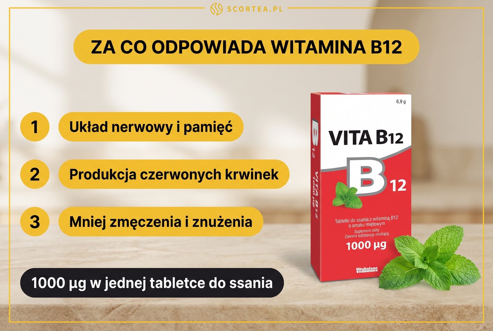 Opakowanie Vita B12 Vitabalans obok trzech funkcji witaminy B12: układ nerwowy i pamięć, produkcja czerwonych krwinek, mniej zmęczenia i znużenia